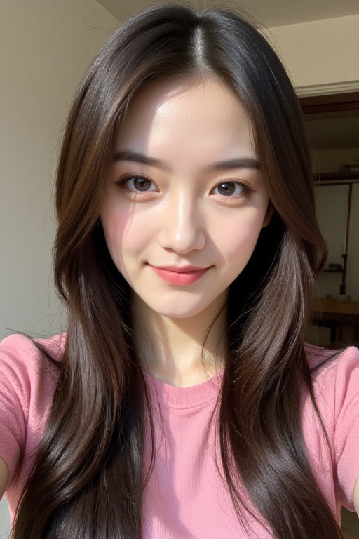 <lora:20250110_AgainCharacters_Flux:1>, 1girl, solo, realistic, looking at viewer, long hair, smile, pink shirt, indoors, brown hair, asian, brown eyes, shirt, closed mouth, black hair, lips