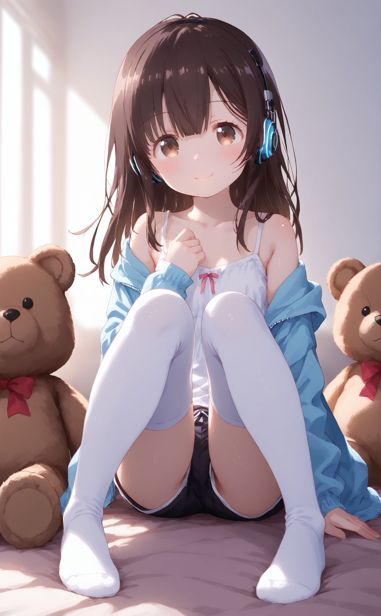 masterpiece,best quality,high quality,loli,chromatic_aberration,//,loli,1girl,shorts,solo,blue jacket,stuffed toy,white thighhighs,headphones,thighhighs,brown hair,stuffed animal,no shoes,teddy bear,jacket,sitting,white background,brown eyes,long hair,looking at viewer,black shorts,simple background,feet,smile,closed mouth,open jacket,long sleeves,blush,shirt,open clothes,bangs,short shorts,off shoulder,camisole,full body,collarbone,bare shoulders,striped,hand up,sleeveless shirt,sleeveless,knees up,//,year_2023,year_2024,//,official art,depth of field,detailed light,blurry background,cinematic lighting,ray tracing,ultra detailed,god rays,backlighting,photo background,film grain,chromatic aberration,volumetric lighting,depth of field,blurry background,shiny skin,floating hair,cinematic lighting,day,very aesthetic,<lora:rouhe——【noob】hans:1>,