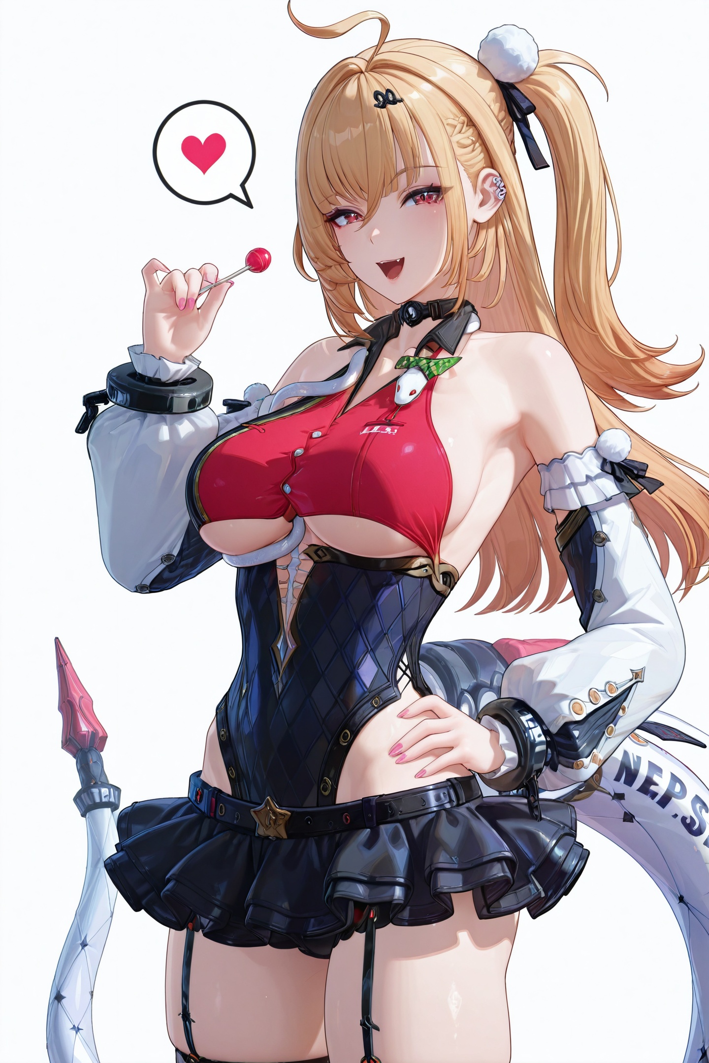 3D Modeling Style,Cissia \(zenless zone zero\), 1girl, breasts, solo, blonde hair, large breasts, heart, long hair, detached sleeves, red eyes, looking at viewer, white background, hair ornament, ahoge, skirt, open mouth, spoken heart, food, thighhighs, smile, simple background, pink nails, bare shoulders, one side up, piercing, frills, candy, thigh strap, ear piercing, cowboy shot, garter straps, thighs, hand on own hip, lollipop, skindentation, underboob, jewelry, holding, pom pom hair ornament, green bow snake, snake around neck, mechanical snake tail, hairclip, Cissia's hairclip, pom pom \(clothes\), black and red leotard<lora:Cissia_illustriousXL:1>,