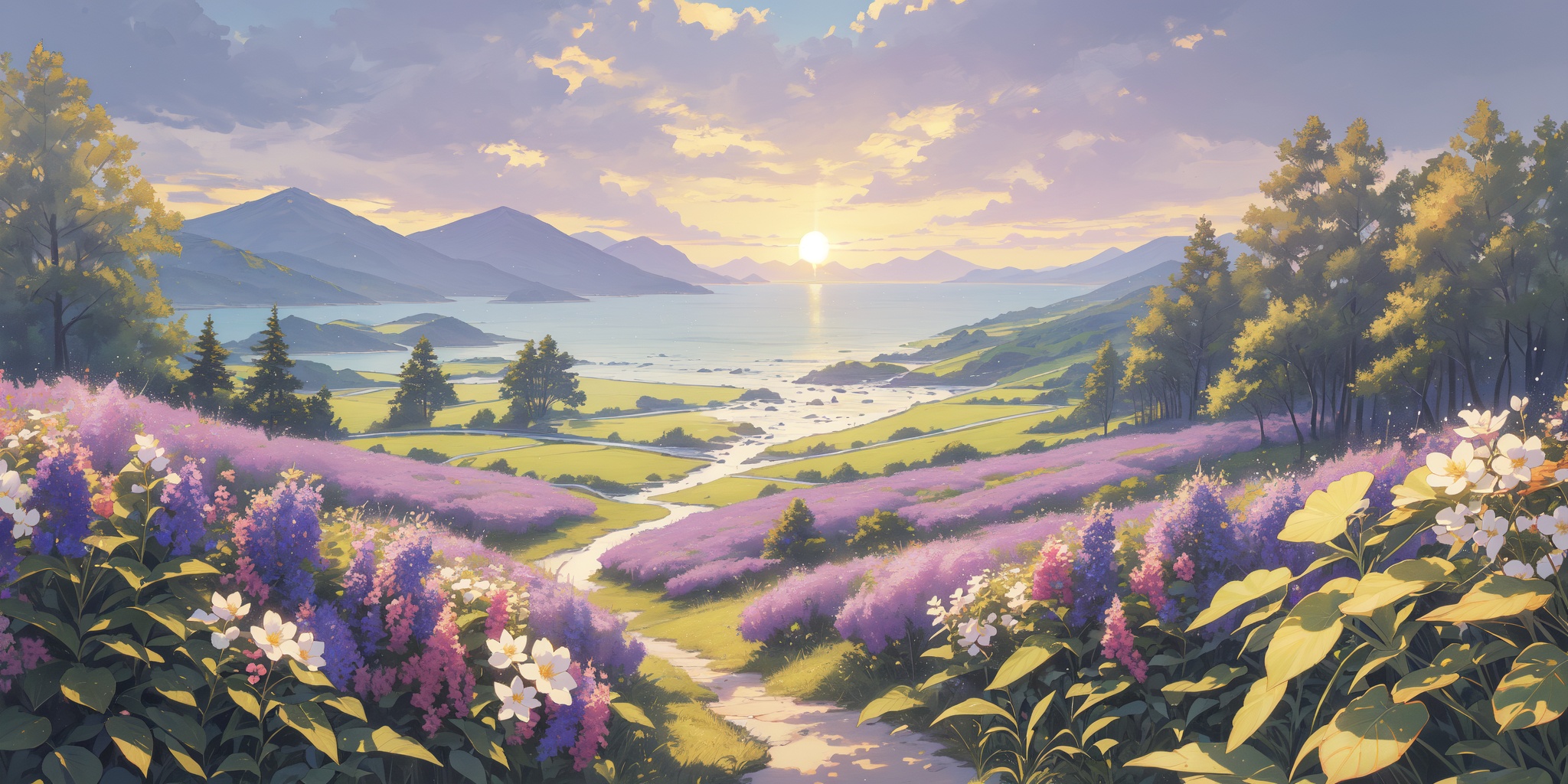 scenery,outdoors,light particles,beautiful detailed sky,beautiful detailed glow,best shadow,panorama,(Lavender, Hills, Purple blooms, Fragrance, Bees, Farmhouse, Sunset:1.3),(Mountains, Hiking trail, Noon sun, Clear sky, Fresh air, Adventure:1.2),(Bluebells, Ferns, Oak trees, Fresh green leaves, Dappled sunlight, Woodland animals:1.1),(masterpiece, best quality, beautiful and aesthetic:1.3),extremely detailed CG,ultra-detailed,beautiful concept illustration,illustration,extremely fine and beautiful,perfect details,<lora:YOUHUA-000018:1>,oil painting \(medium\),