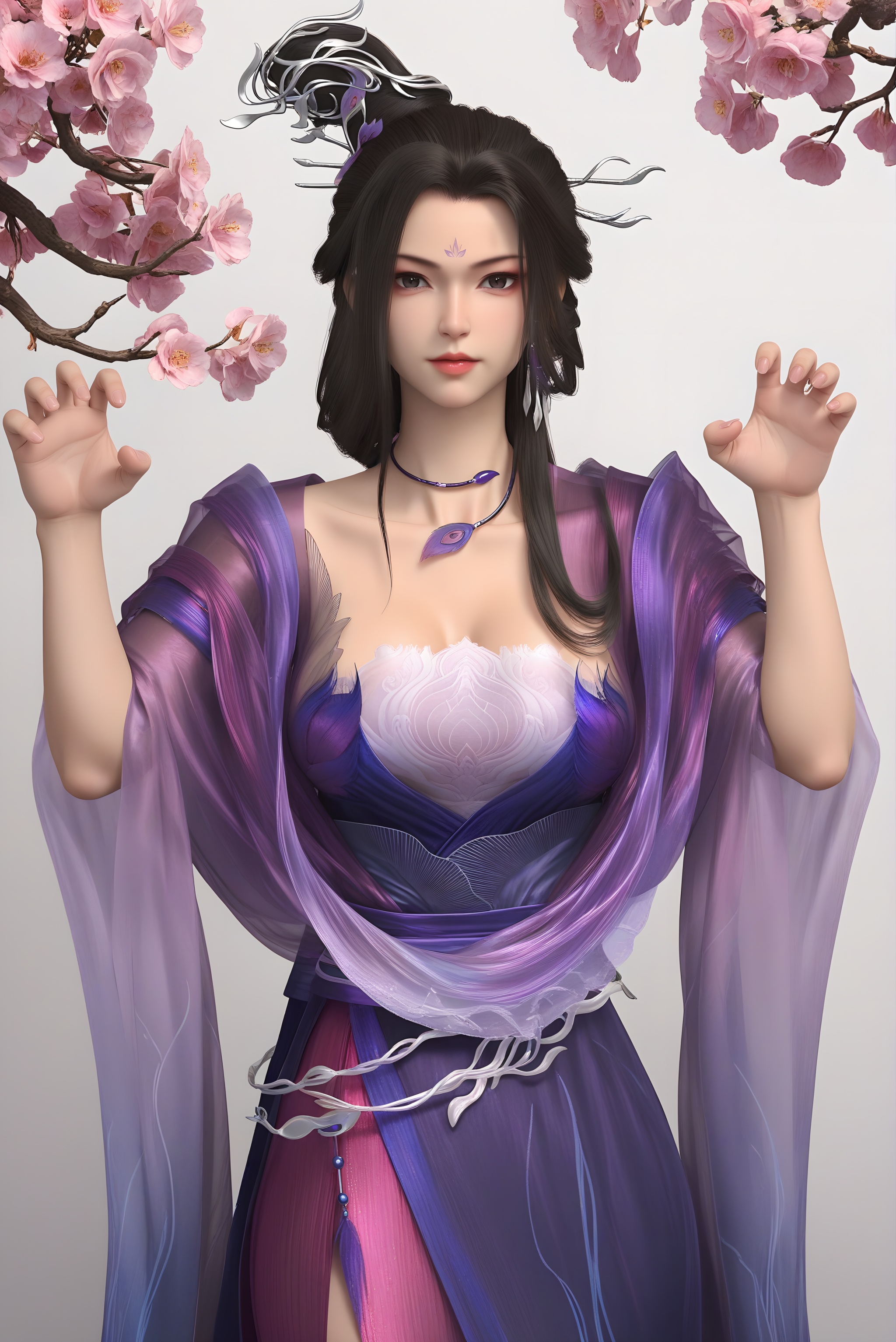 (score_9),collarbone,(glamor:1.1),narrow waist,<lora:风秋雨pony-v2:0.85>,1girl,solo,long hair,black hair,hair ornament,updo,earrings,forehead mark,light blush,see-through,jewelry,choker,layered dress,flowing long gown,sheer ruffled sleeves,large breasts,(claw_pose:1.1),(paw_pose),purple sash,waist sash,long skirt,BREAKlooking at viewer,front view,cowboy shot,standing,thighs,simple background,white background,twig,branch,falling petals,masterpiece,best quality,absurdres,highres,hd,letterboxed,<lora:a修手:1>,