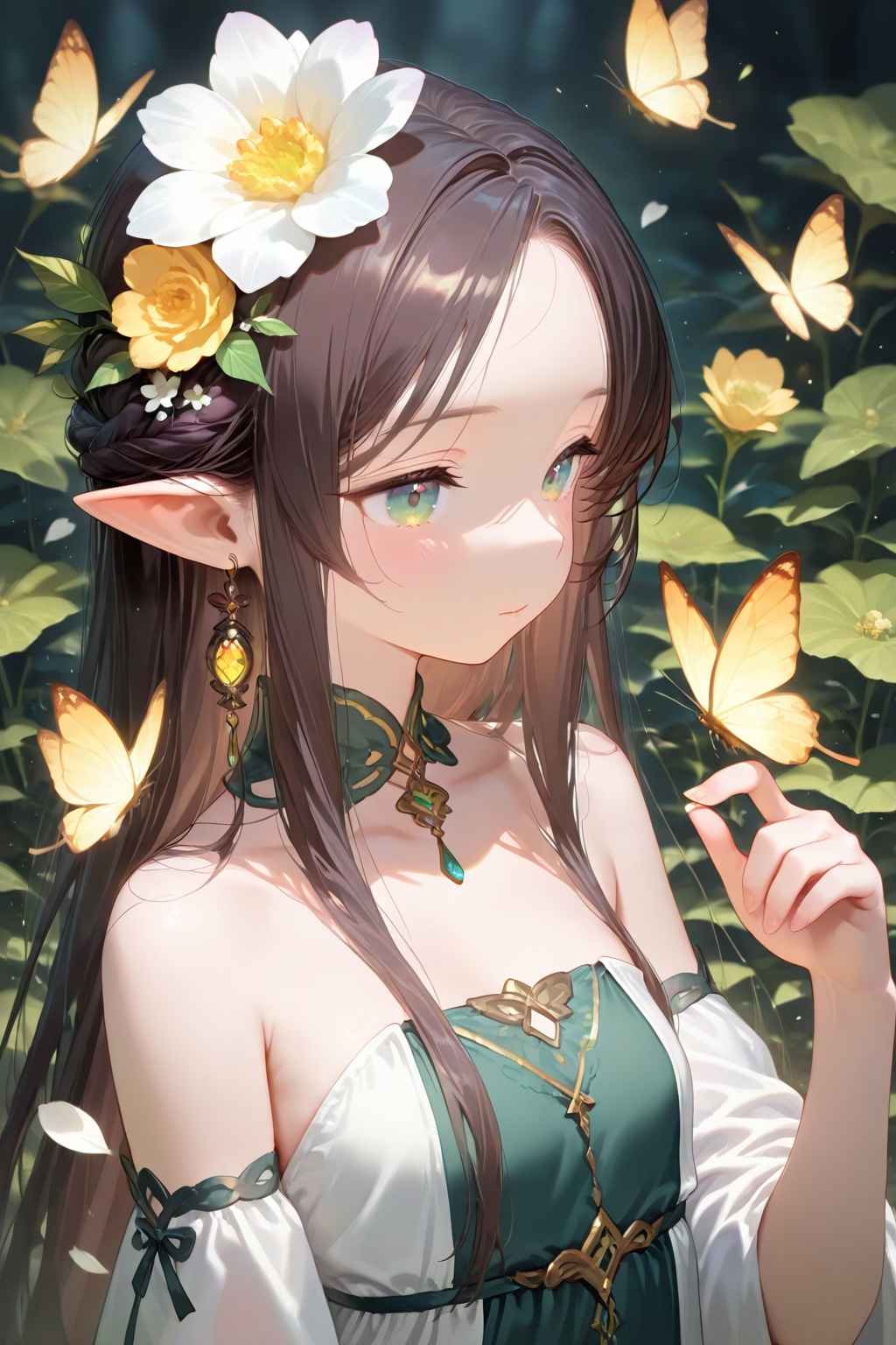 1girl,dress,solo,long hair,pointy ears,flower,hair ornament,upper body,bug,butterfly,petals,white dress,bare shoulders,green dress,glowing butterfly,hair flower,closed mouth,brown hair,jewelry,falling petals,black hair,detached sleeves,earrings,best quality,amazing quality,very aesthetic,
