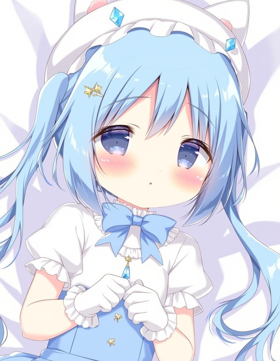 shiratama_(shiratamaco), commentary_request, 1girl, animal_ear_headwear, blue_bow, blue_bowtie, blue_dress, blue_eyes, blue_hair, blush, bow, bowtie, crystal, dress, frilled_gloves, frills, gloves, hair_ornament, hat, light_blue_hair, long_hair, looking_at_viewer, lying, on_back, on_bed, puffy_short_sleeves, puffy_sleeves, shirt, short_sleeves, solo, twintails, white_gloves, white_hat, white_shirt, x_hair_ornament, kafuu_chino, gochuumon_wa_usagi_desu_ka?, year_2024,, <lora:flux-Shiratamaco-000008:1>