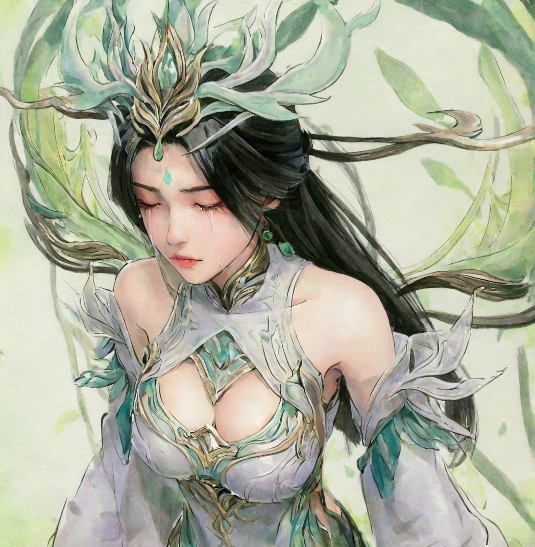 ((very awa)),solo,highly detailed,(best quality),((masterpiece)),1girl,liushen,long hair,forehead mark,detached sleeves,bare shoulders,<lora:柳神nbXL:0.8>,large breasts,expressionless,from_above,simple background,portrait,<lora:正则迟迟:1>,chi,traditional media,crying,