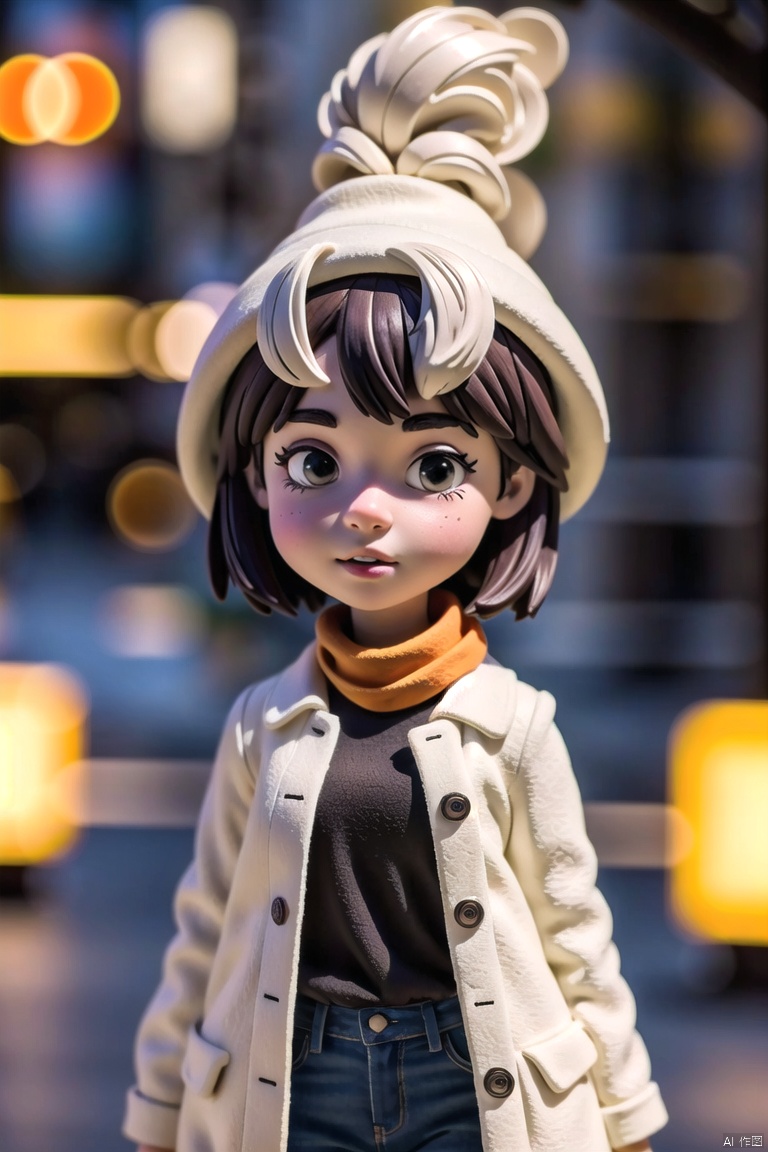 clay,Clay wind,Flat clothes,clay texture,black hair,ball head,Three dimensional features,young girl,English scarf,White wool coat,IPhone rear-facing,Orange top light,lighting details,8K,clear big picture,Flat clothes,best quality,ultra high res