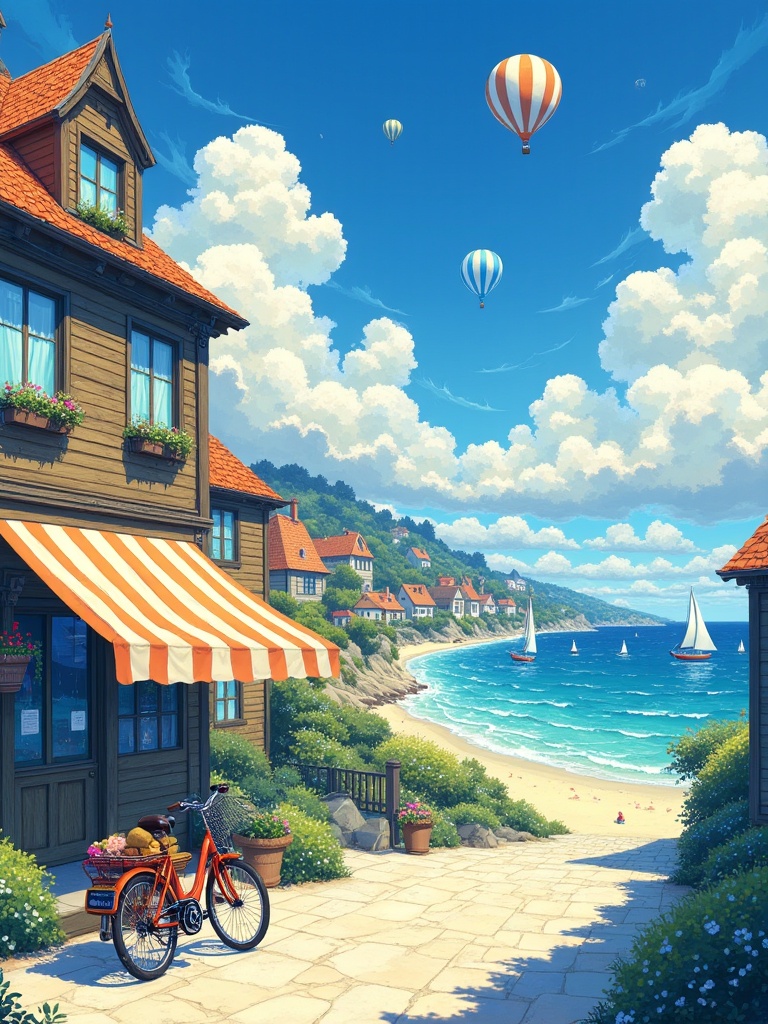 miluo_tych,graffiti,illustration,A vibrant, detailed digital painting of a picturesque French village by the sea, featuring a sunny day with a clear blue sky, fluffy white clouds, and two hot air balloons in the sky. The village is filled with quaint wooden buildings with orange and white striped awnings, a bicycle parked on the cobblestone path leading to the beach, and a few sailboats in the distance. The scene is vibrant and colorful, with a warm, inviting atmosphere. The art style is reminiscent of Japanese anime and manga.<lora:涂鸦插画L1.3:1>