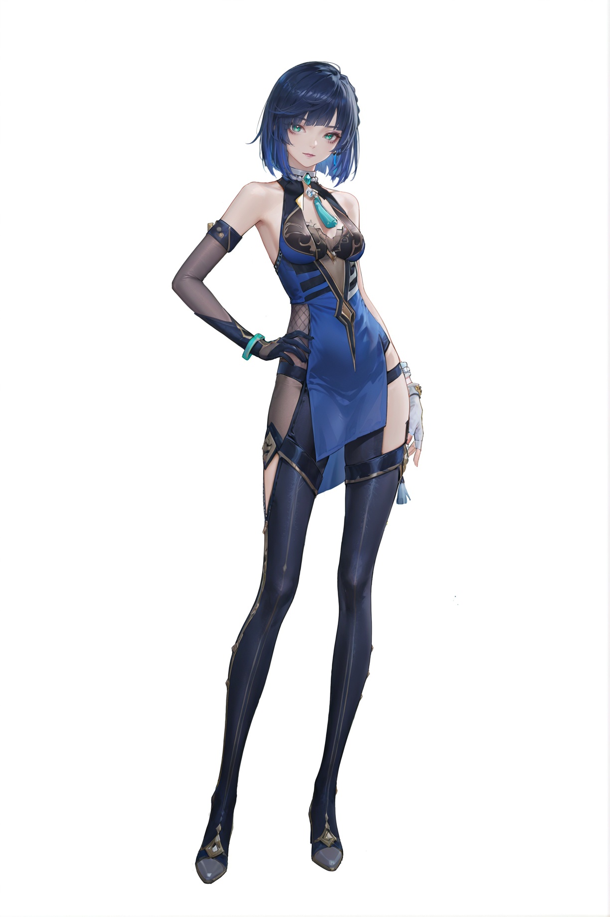 8k,best quality,masterpiece,(ultra-detailed),(high detailed skin),(artist:reoen:0.826446),(artist:machi:0.9),(artist:ningen_mame:0.9),(artist:sho_(sho_lwlw):0.9),(artist:rhasta:0.9),(artist:wlop:0.7),(artist:ke-ta:0.6),(fkey:0.5),(tianliang duohe fangdongye:0.5),(hiten \(hitenkei\):0.6),best quality,amazing quality,(artist:onineko:0.826446),very aesthetic,bokeh,masterpiece,best quality,<lora:wqmt-gnoob-Tanger:0.6>,Path to Nowhere  \(video game\),game CG,cool,full body,full shot,standing,looking at viewer,(solo:1.2),simple background,(white background:1.2),hand on own hip,(white background:1.1),<lora:yela_new-ill-Tanger:0.8>,yelan \(genshin impact\),clothes: yelan def blue-and-black bodysuit,asymmetrical skirt panel,tassel decoration,bare shoulders,mismatched gloves,1girl,bangs,jewelry,bracelet,elbow gloves,short hair,blue hair,green eyes,