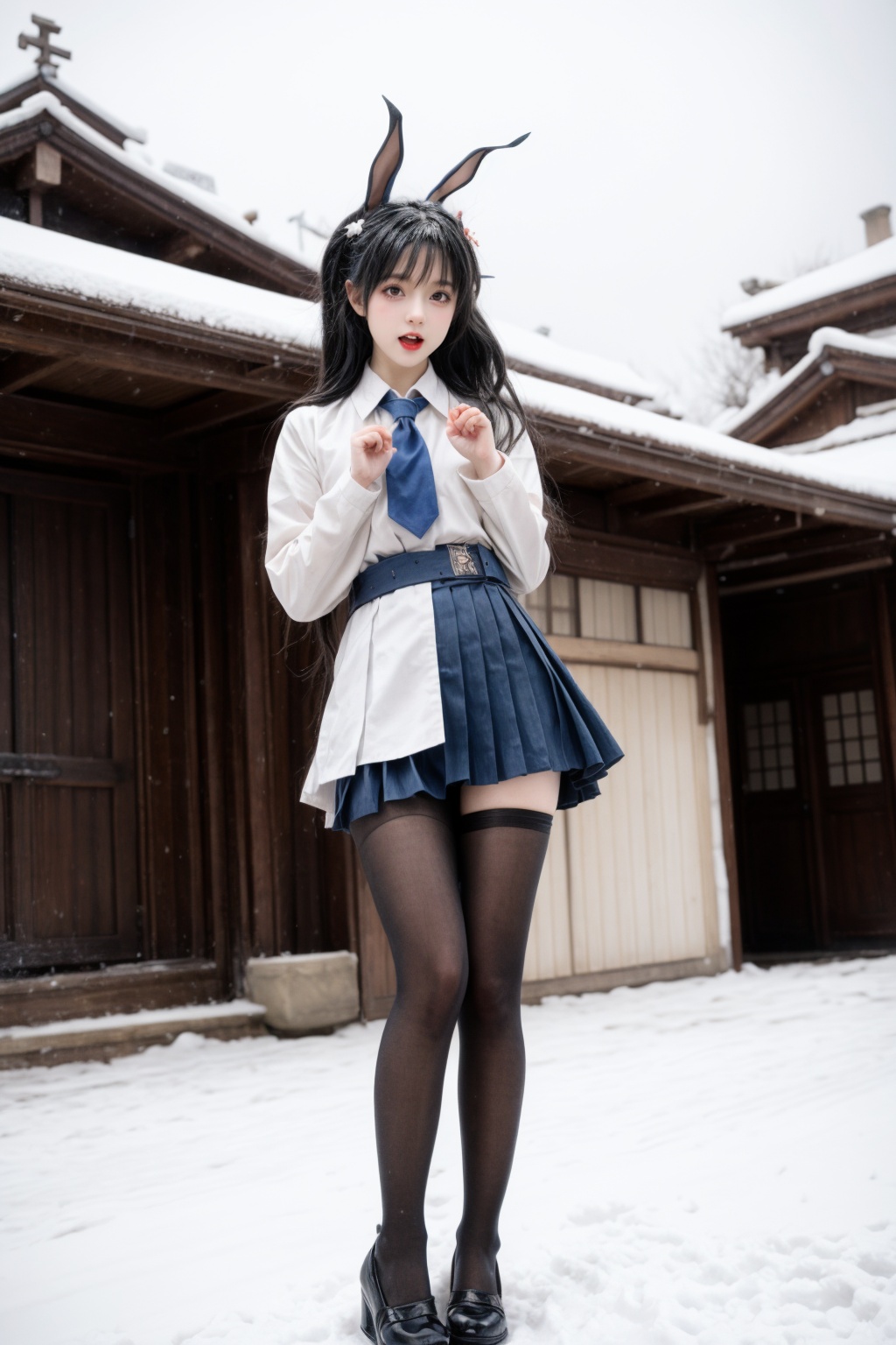 ((jojo)),(laffey(azur lane)),original,little girl,full body,ooarai school uniform,pantyhose,shoes,jojo pose,open mouth,smug,standing,winter,snow,