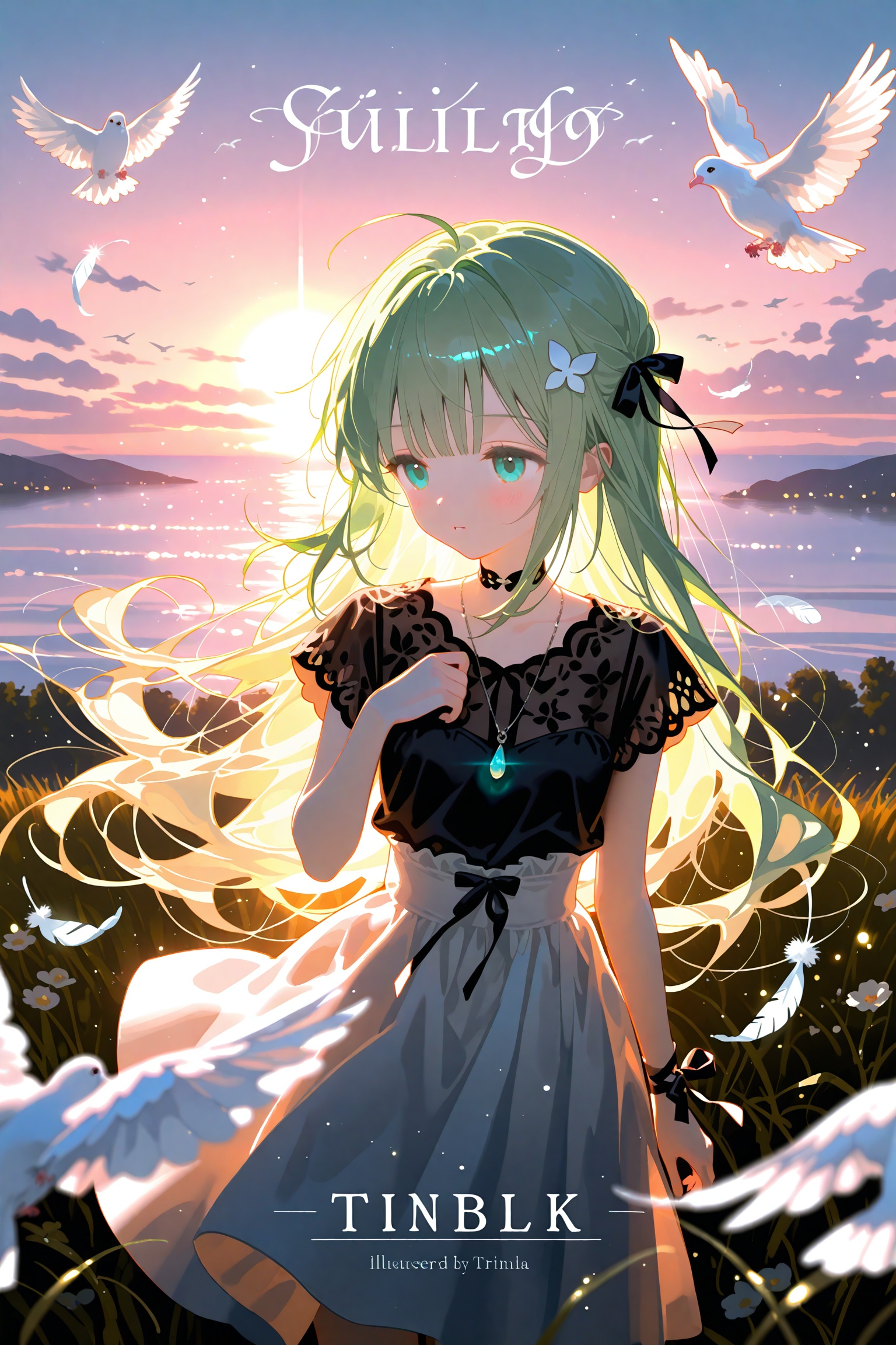 1girl,bird,solo,wrist ribbon,outdoors,sunset,long hair,black ribbon,feathers,ribbon,dress,short sleeves,cloud,tree,sky,floating hair,blonde hair,standing,sun,blue eyes,parted lips,dove,white dress,grass,very long hair,green hair,choker,arm up,white feathers,skirt,necklace,small breasts,green eyes,album cover,diffraction spikes,hair ribbon,collarbone,breasts,jewelry,shirt,high-waist skirt,black shirt,feet out of frame,falling feathers,ahoge,flock,wrist bow,wind,cover,cloudy sky,flower,twilight,blurry,animal,white skirt,blunt bangs,white bird,frills,sunlight,backlighting,lens flare,hand up,dusk,artist name,bow,sunrise,light particles,black bow,outstretched arm,evening,depth of field,closed mouth,copyright name,looking afar,water,horizon,aqua eyes,scenery,blurry foreground,pink sky,arm at side,hair ornament,outstretched hand,hair bow,expressionless,cover page,