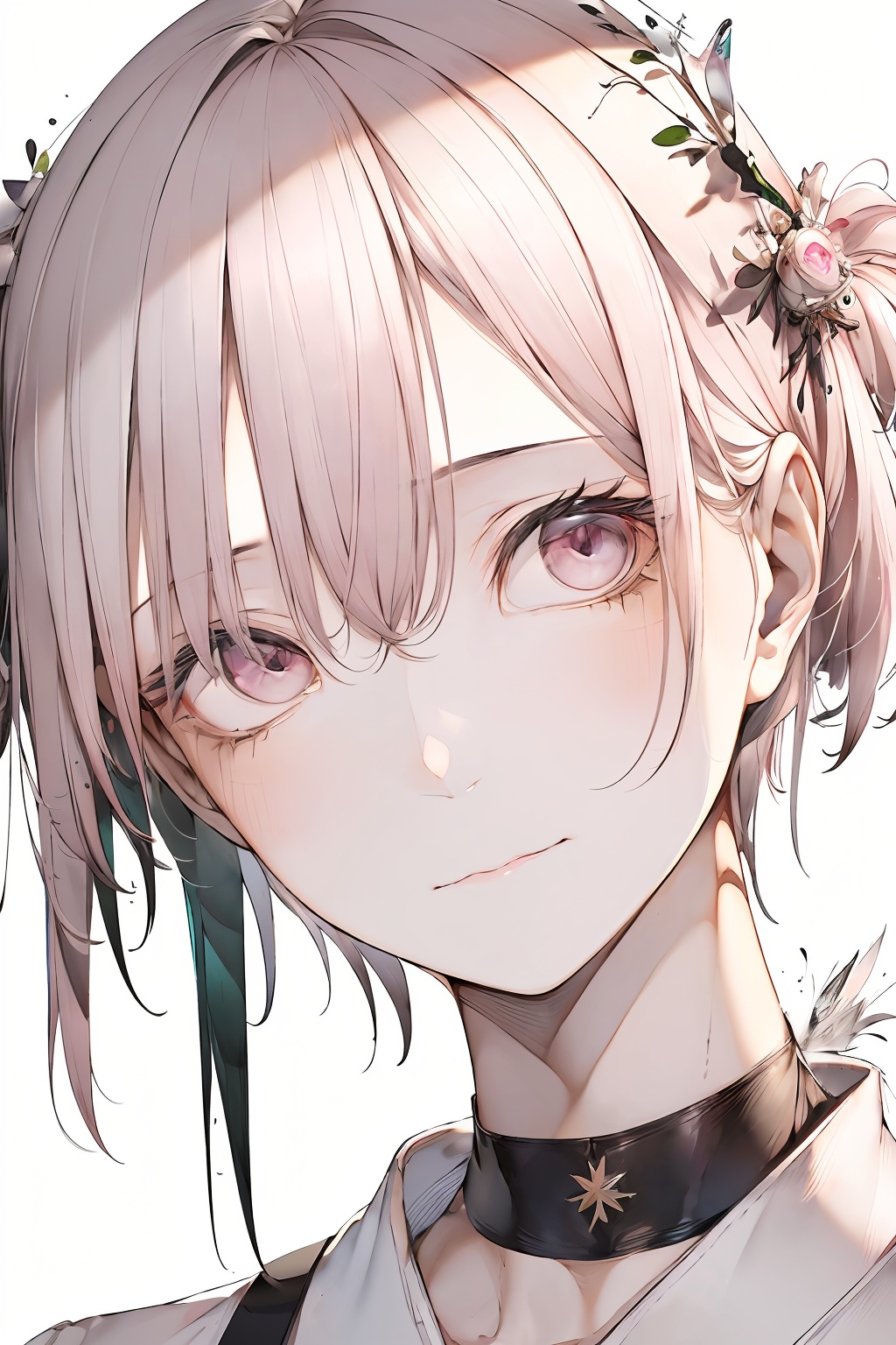 a close-up shot of a girl,1girl,looking at viewer,short hair,bangs,simple background,white background,hair between eyes,closed mouth,white hair,pink eyes,black choker,close-up,<lora:lbc_Girly_v2.0-000006:0.8>,