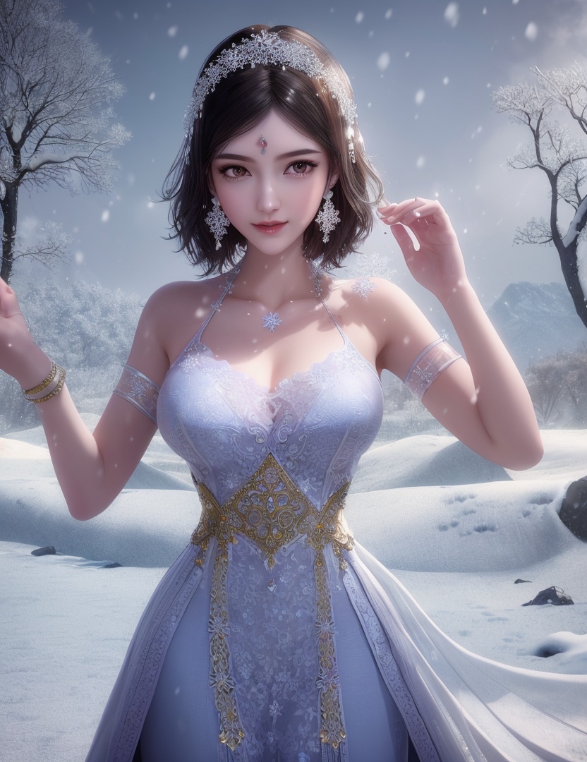 ultra realistic 8k cg, flawless, clean, masterpiece, professional artwork, famous artwork, cinematic lighting, cinematic bloom, perfect face, beautiful face, fantasy, dreamlike, unreal, science fiction,   lace, lace trim, lace-trimmed legwear, luxury, jewelry, diamond, gold, pearl, gem, sapphire, ruby, emerald, intricate detail, delicate pattern, charming, alluring, seductive, erotic, enchanting, hair ornament, necklace, earrings, bracelet, armlet,halo,autumn,((,1girl, pov,best quality, ))  , ((((1girl, solo,outdoors, large breasts,,snowflakes,  snow, snowing,   ))))    <lora:DA_BaiCai:0.7>
