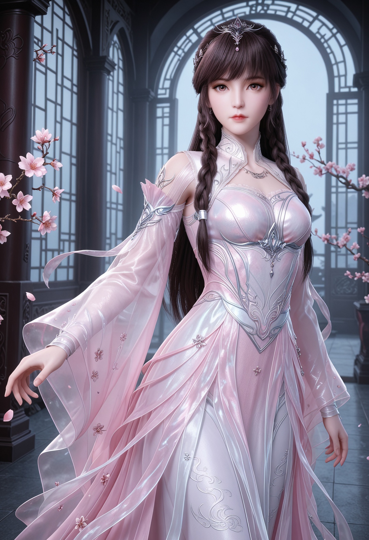 (cowboy shot:1.2),(looking at viewer:1.1),masterpiece,(best quality),smog,Dark room,dim lighting,peach blossom,falling petals,<lora:YQ_Illustrious光辉v5_小舞_神装1_V1:0.8>,q1528437228,1girl,solo,long hair,braid,dress,brown hair,hair ornament,white dress,jewelry,detached sleeves,pink dress,tiara,black hair,long sleeves,brown eyes,necklace,earrings,twin braids,pink eyes,collar,shoes,high heels,white footwear,