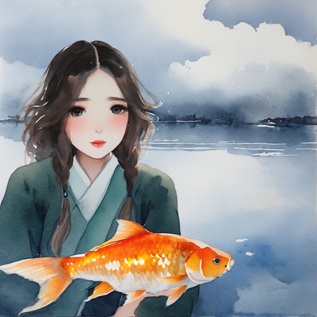 gufengstyle,liyu, A big fish beside the girl, solo,  goldfish, looking at viewer,big fish, (cloud:1.1), watercolour<lora:gufengstyleSDXL-000017:0.9>