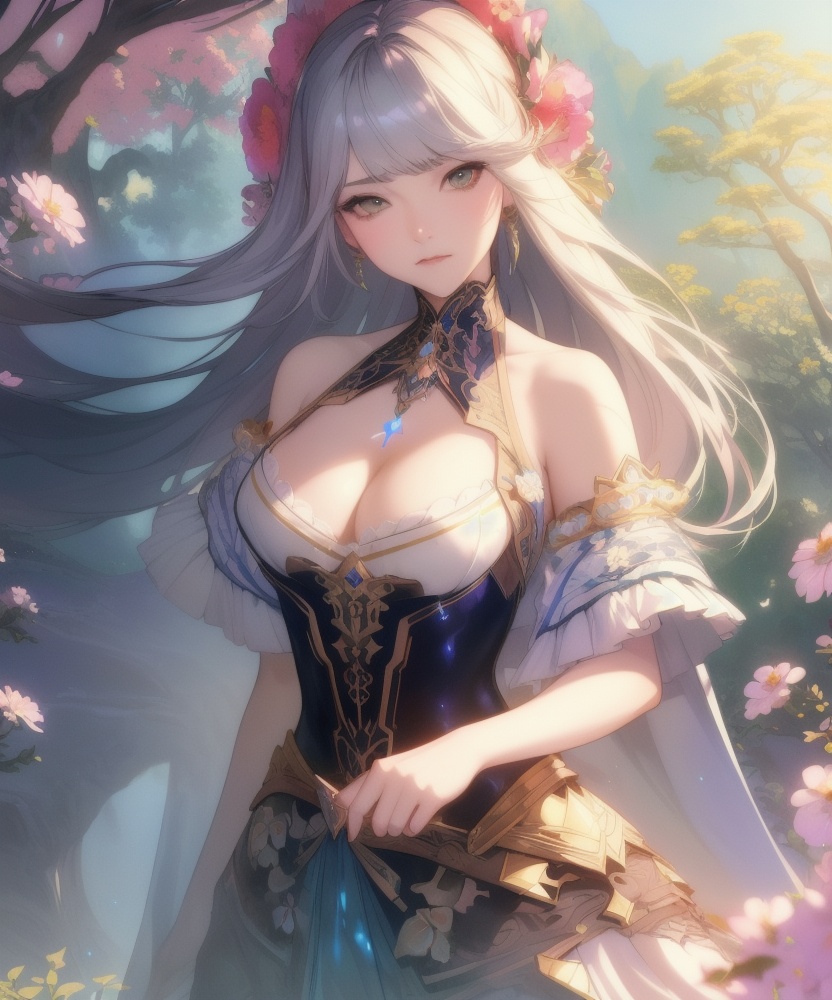 (,1girl, ,best quality, ),looking at viewer, <lora:457-DA-天启姬:0.8> ,, ,,anime,(masterpiece, top quality, best quality, official art, beautiful and aesthetic:1.2), (1girl)	, , (cleavage),extreme detailed,(fractal art:1.3),colorful, flowers ,highest detailed,(by Jeremy Lipking)    (cleavage), (),