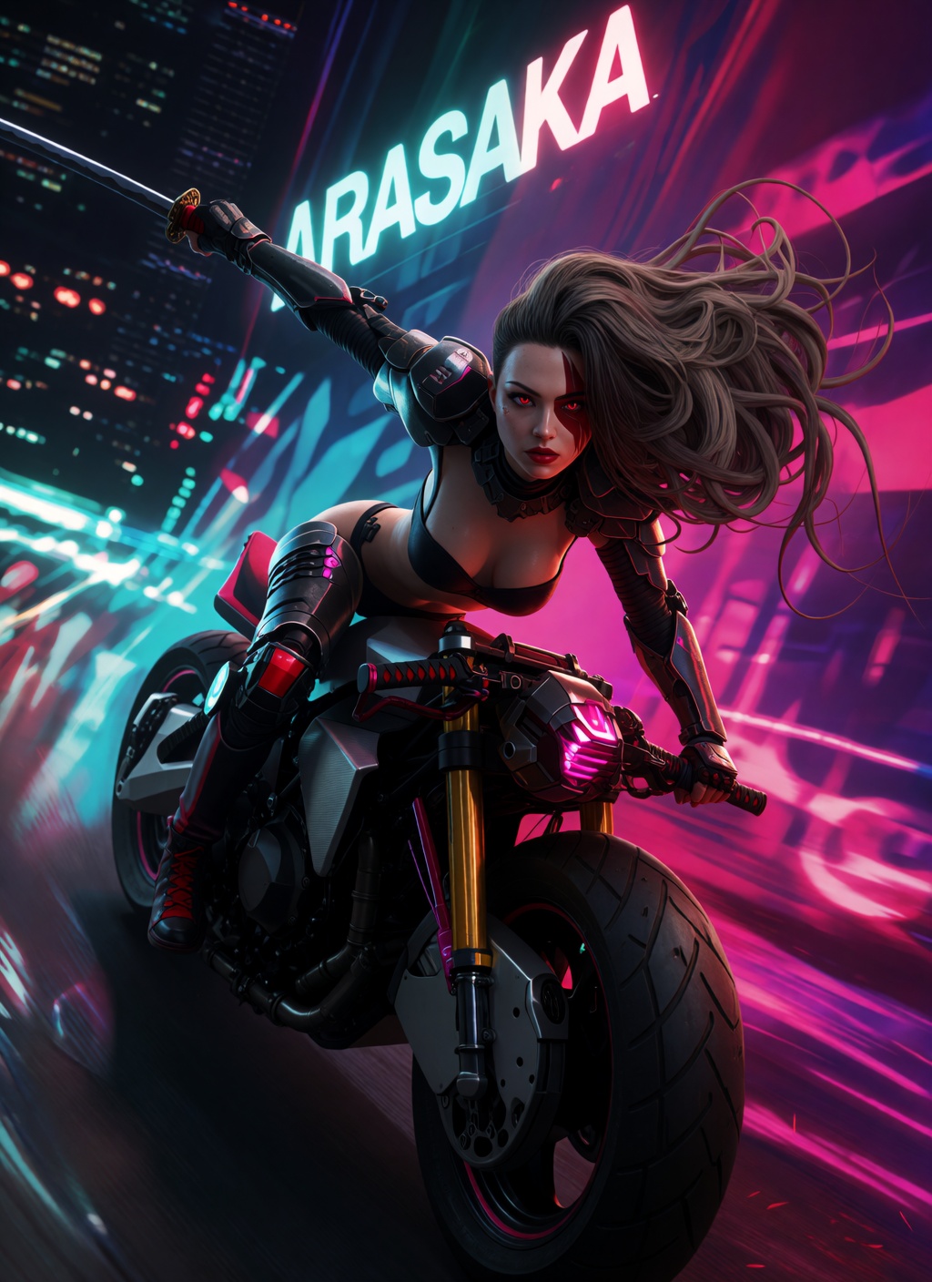 european female warrior riding on neon future street,  front view,  high speed by getphat on Tensor.Art
