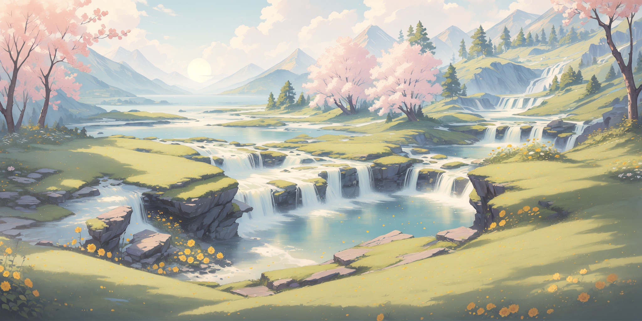 scenery,outdoors,beautiful detailed sky,beautiful detailed glow,best shadow,panorama,(Waterfall, Tropical, Paradise, Cascading, Mist, Rocks, Colors, Serenity:1.3),(Lakeside meadow, Picnic, Noontime sun, Nature scenery, Enjoyment, Relaxation:1.2),(Cherry blossoms, Garden path, Dawn light, Sakura petals, Tranquil setting, Japanese elegance:1.1),(masterpiece, best quality, beautiful and aesthetic:1.3),extremely detailed CG,ultra-detailed,beautiful concept illustration,illustration,extremely fine and beautiful,perfect details,<lora:YOUHUA:1>,oil painting \(medium\),