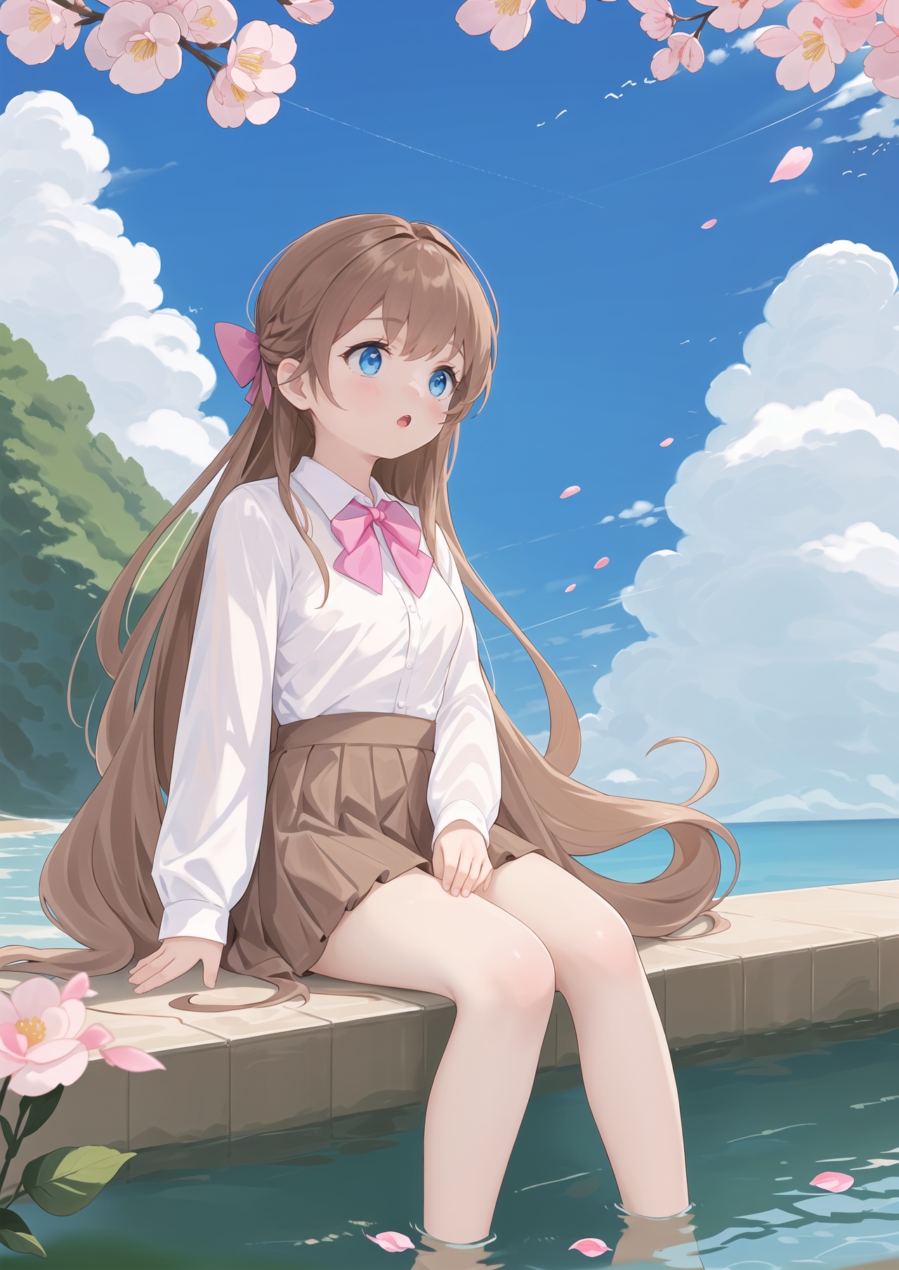 masterpiece,best quality,1girl,solo,soaking feet,long hair,blue eyes,hair bow,bow,sitting,water,pink bow,brown hair,skirt,blush,petals,day,sky,brown skirt,shirt,hair ornament,very long hair,cloud,looking to the side,outdoors,blue sky,white shirt,:o,