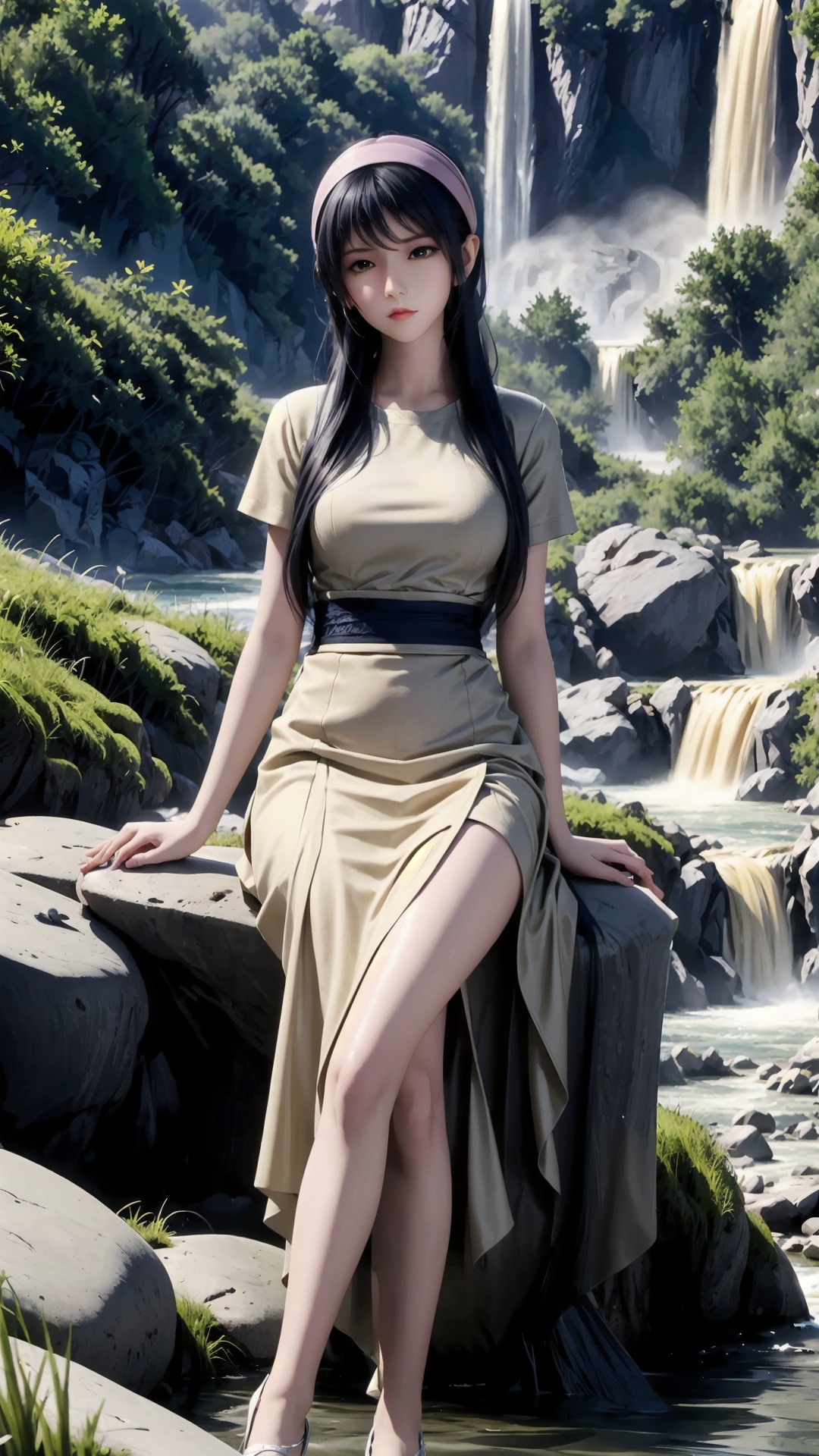 The image is a digital illustration of a young woman sitting on a rock in front of a waterfall. She is wearing a beige skirt and a blue top with a white headband. Her long black hair is styled in loose waves and she is looking off to the side with a serious expression on her face. The waterfall cascades down a rocky cliff in the background, surrounded by greenery and trees. The overall mood of the image is peaceful and serene.,<lora:1.5端木蓉(3):0.8>,