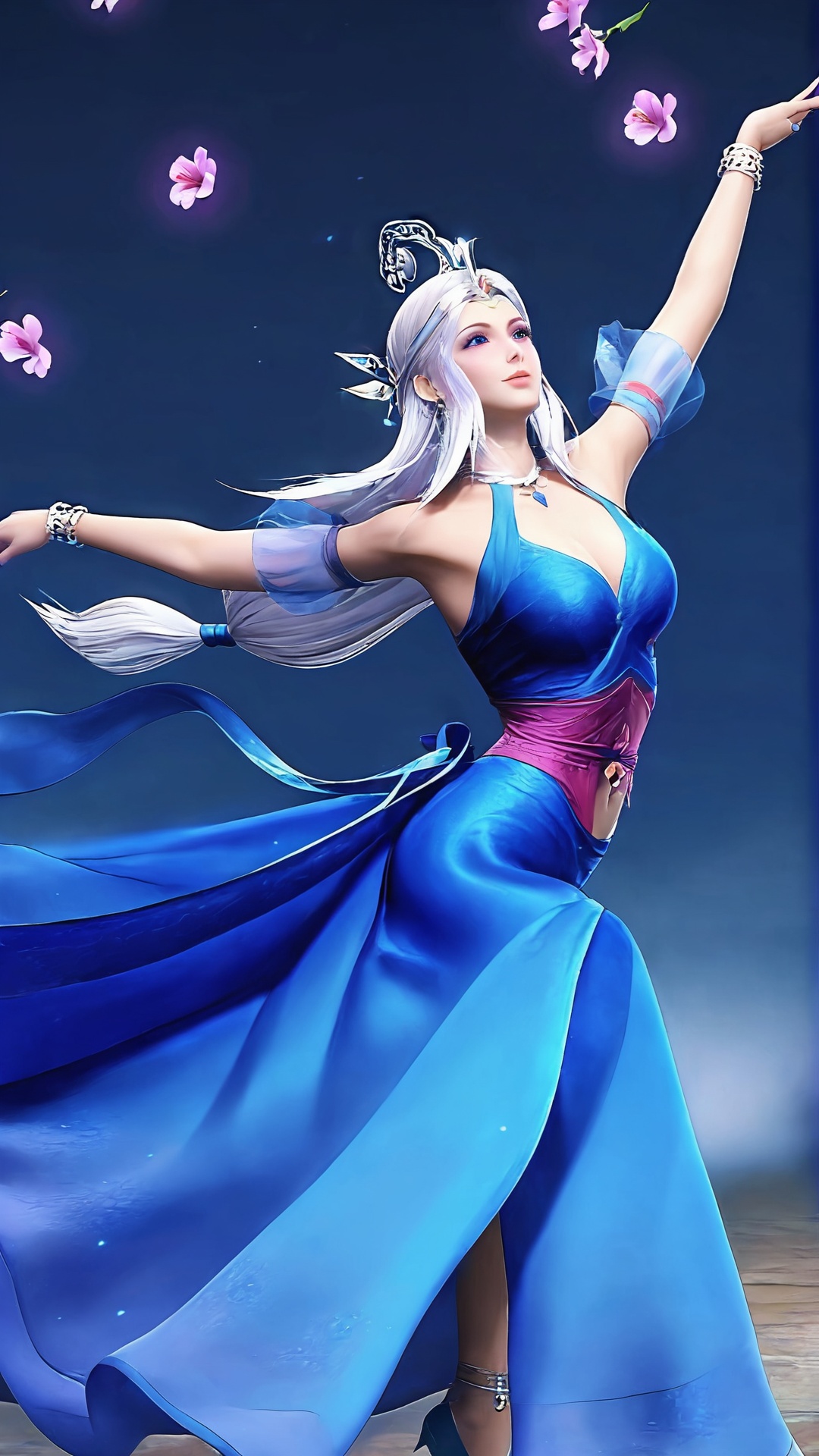 The image shows a young woman with long white hair, wearing a blue and pink outfit. She is dancing with her arms stretched out to the sides and her head tilted back, as if she is in the middle of a dance. The background is a deep blue color with pink and purple flowers floating around her. The woman appears to be in a graceful and elegant pose, with her body slightly tilted to the side. The overall mood of the image is one of energy and movement.,<lora:pony雪女:0.8>,