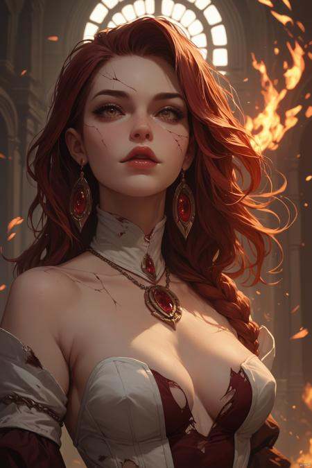 score_9,score_8_up,score_7_up,score_6_up, A hauntingly beautiful porcelain doll with small storms for eyes. Her skin is pale and cracked like porcelain. Her hair is red like wine with fire coming out. Her lips are sewn together except for one corner that is ripped and bleeding.