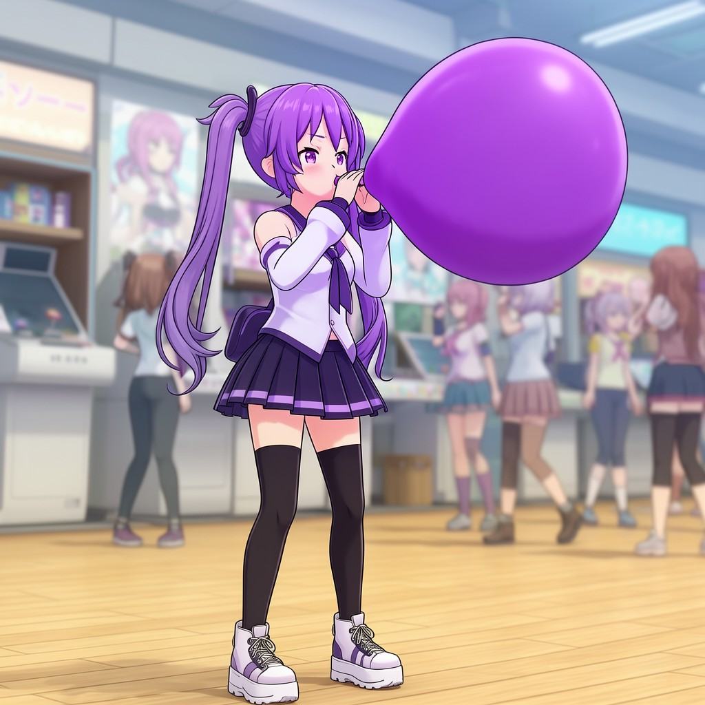 blowing balloon,  thighhighs,  skirt on Tensor.Art