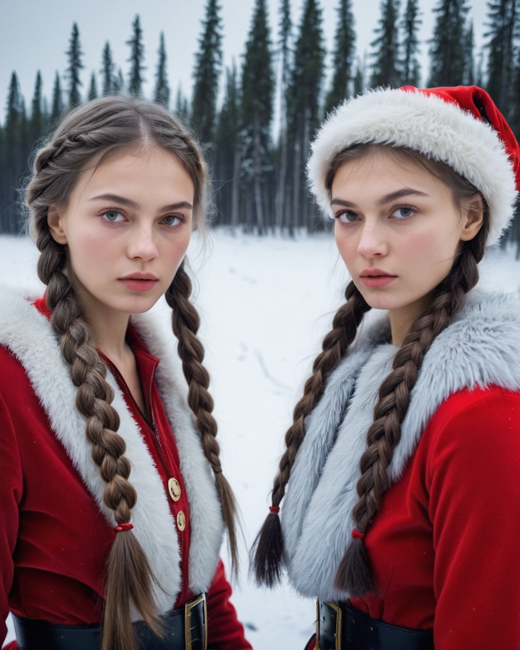 half body eyes shoot,  Fashion photoshoot of 2 Siberian women with braided hair,  wearing santa claus dress on Tensor.Art