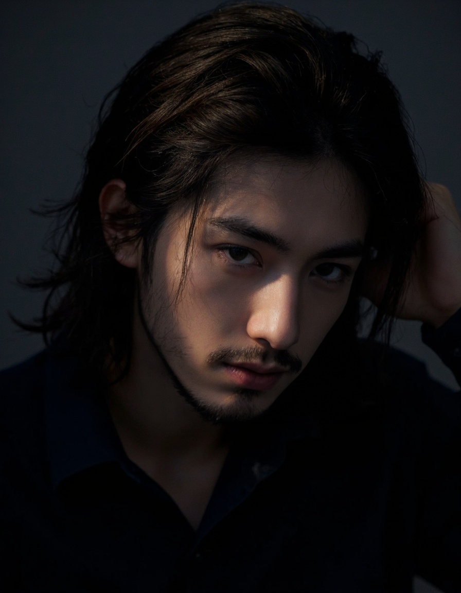 a man with long hair and beard,(from above:1.1),from side,soft lighting,high resolution,professional grade,RAW photography,evocative composition,Cinematic Lighting,moody lighting,perfect eyes,depth of field,virtual background,eyes focus,<lora:majichandsome1:0.8>,