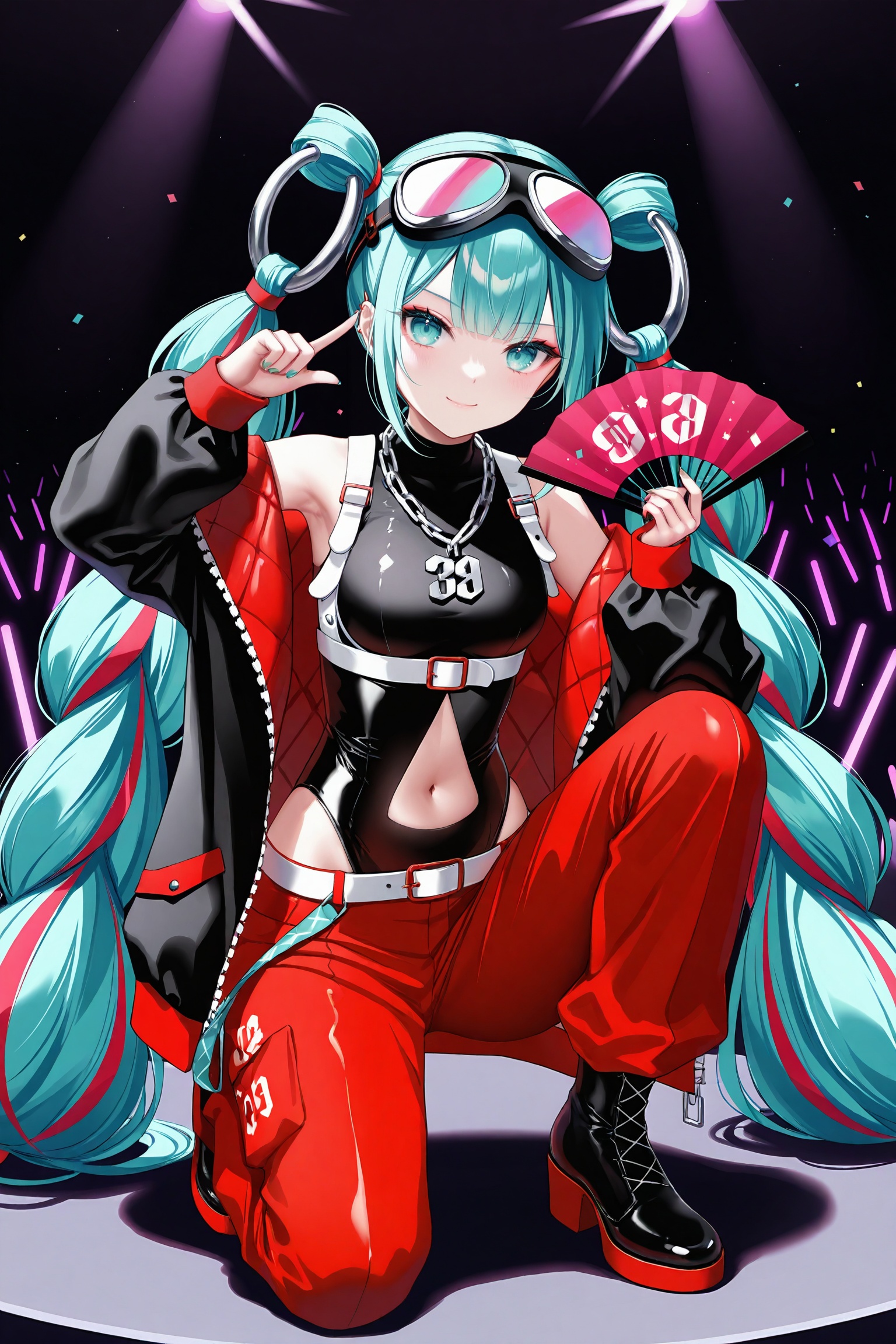 masterpiece,best quality,newest,absurdres,highres,soft shadows,photorealistic,(chen bin:0.5),(hiten \(hitenkei\):0.4),(rimuu:0.5),(mignon:0.5),(sheya:0.6),smile,stage,squatting,on one knee,pointing at viewer,<lora:MMM2023XLNAI:1>,magical mirai miku \(2023\),multicolored hair,goggles on head,open jacket,chain,navel cutout,red pants,leotard,black footwear, folding fan,