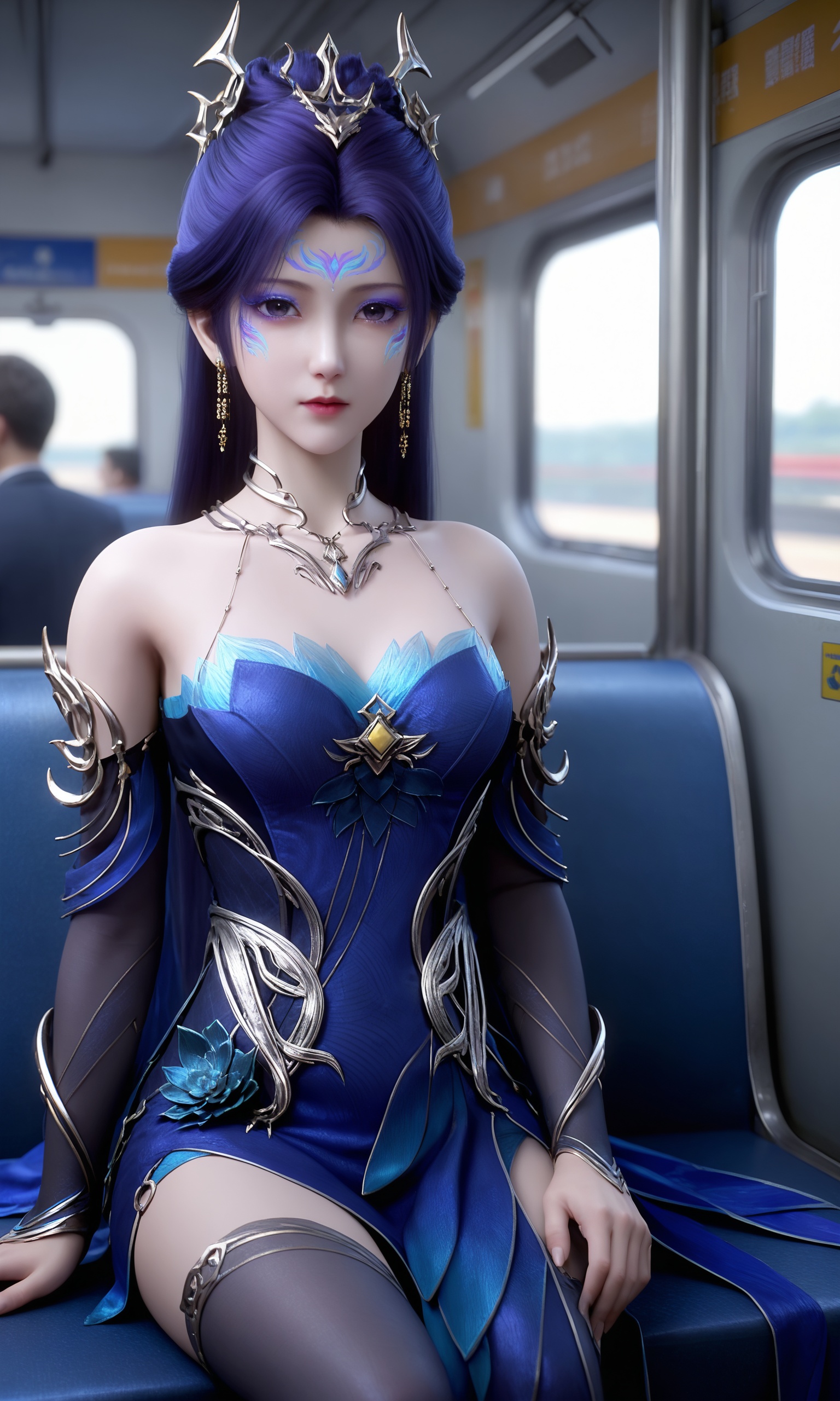 <lora:神墓-梦可儿-解封Pony:0.8>,1girl,hair ornament,long hair,blue hair,orehead mark,facial mark,detached sleeves,earrings,bare shoulders,blue dress,necklace,, solo,1girl,solo focus,(perfect_anatomy:1.1),(upper_body:1.2),(portrait:1.1),sitting,(train_interior:1.1),(blurry_background:1.2),looking at viewer,