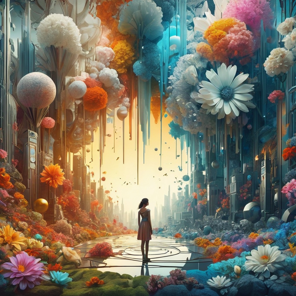 1girl,Digital art rendering of a contemplative figure, encircled by a swirl of mesmerizing, Agenerated photographs within a 'Broken Reality' theme. The photographs display a blend of surreal, fragmented scenes - urban skylines that twist into impossible shapes, natural landscapes that defy gravity, and ethereal spaces where time and space seem to warp. The scene is awash with a vibrant, otherworldly color palette, illuminated by dynamic, digital lighting that casts bizarre shadows and surreal glows. The style is a fusion of modern digital art and surrealism, echoing the visionary works of Beeple and Salvador Dali, characterized by crisp, high-definition detail, and a captivating, dream-like yet fragmented quality,(closeup:1.1),poakl flower style,<lora:poaklflowerstyle-000009:1.0>,