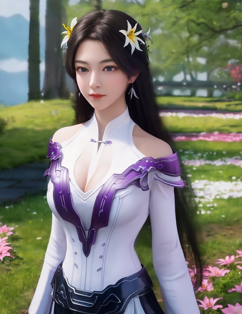 <lora:518-DA-遮天-李小曼:0.8>(,1girl, ,best quality, ),looking at viewer,  ,ultra detailed 8k cg,ultra detailed background,ultra realistic 8k cg,1girl, solo,(bare shoulders:0.85),(masterpiece, best quality),((oil painting style)),sexy young lady,(beautiful face and eyes),(upper body:1.5),(whole body:1.05),(single person:1.2),surrounded by flowers, (lily), roses, floret, vegetation, white, purple, purplish pink,Impressionism,colorful,(Breast size:1.3),(cleavage),