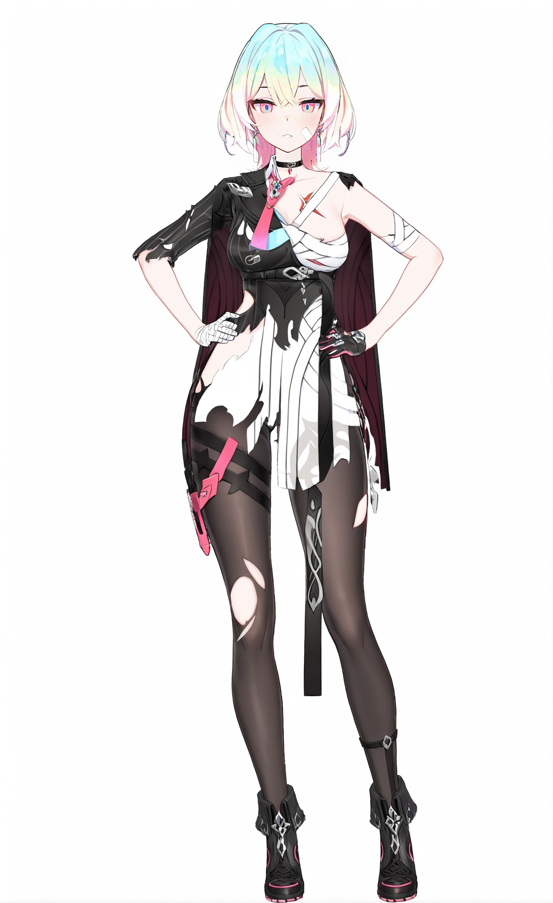 score_9, score_8_up, score_7_up, score_6_up, 8k, 8k, best quality, masterpiece, (ultra-detailed), (high detailed skin), white background, simple background, (full body), (white background), standing, looking at viewer, (solo), hand on hip, <lora:Lantern-A3-Tanger:0.8>, dengsfl, broken clothes, torn clothes,multicolored hair, 1girl, multicolored eyes,  gloves, bandages, bandaged arm, pantyhose, chokerblack footwear, 