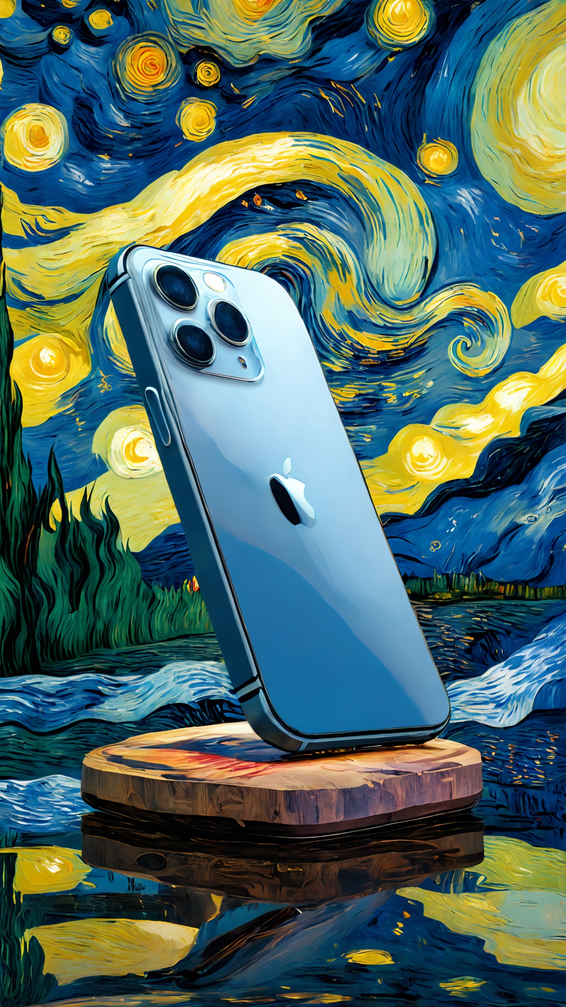 jistarrynight,A iphone is displayed on a lake,and the sky is starry night,van Gogh,<lora:jistarrynight V1.0:1.1>,