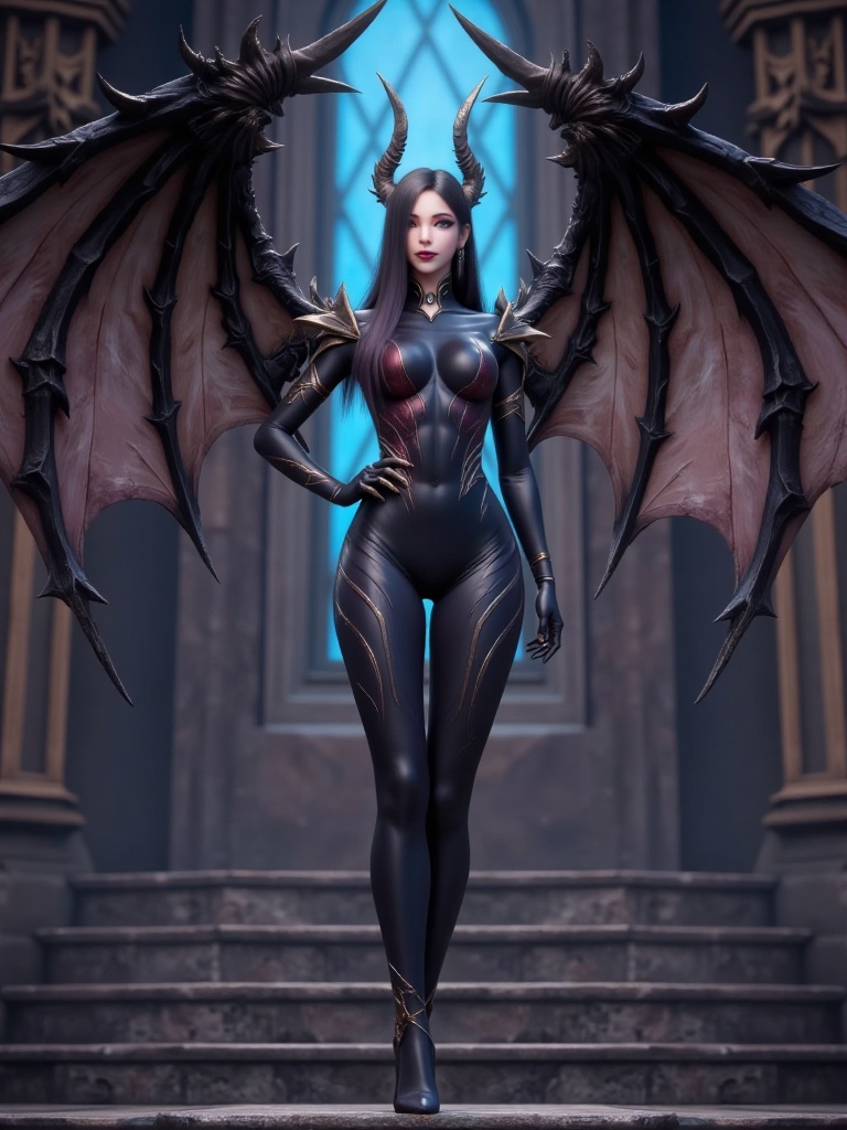WM,This is a CGI rendering of a dark fantasy character,a female demon with pale skin,long black hair,and large bat-**** wings. She wears a tight,black bodysuit with gold accents,revealing her slender physique. She stands confidently on stone steps,with a gothic,ornate background featuring a blue window.,