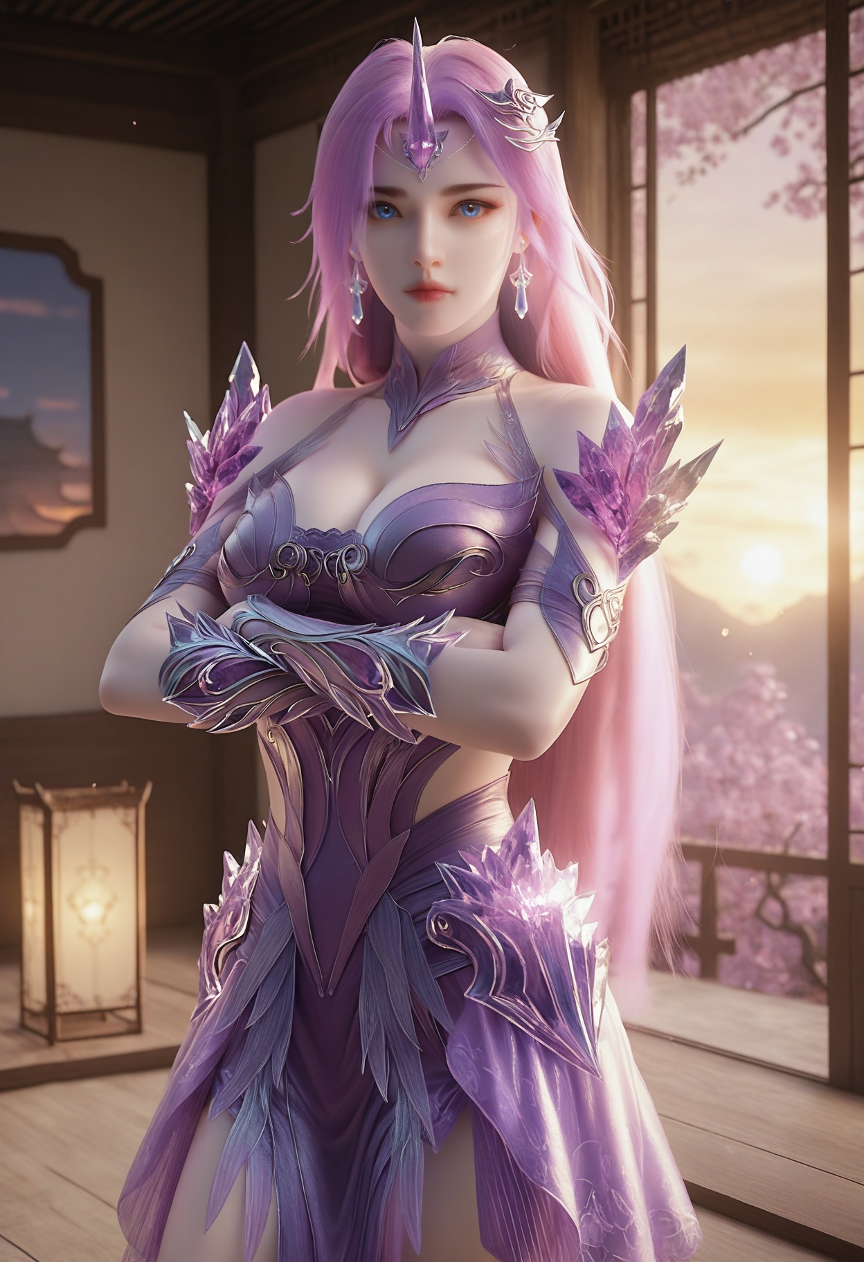 Yue_liu,1girl,blue eyes,long hair,purple hair,earrings,jewelry,hair ornament,crystal,single horn,pink hair,bare shoulders,gem,cleavage,<lora:Yue_liu_10_illu-000004:0.75>,dress,armor,see-through,skirt,purple dress,photorealistic,hyperrealistic,<lora:realistic filter [IL]:1>,pale skin,crossed arms,lantern,open window,looking at viewer,indoors,mountains,blossoms,flowers,beautiful sunset,east asian architecture,