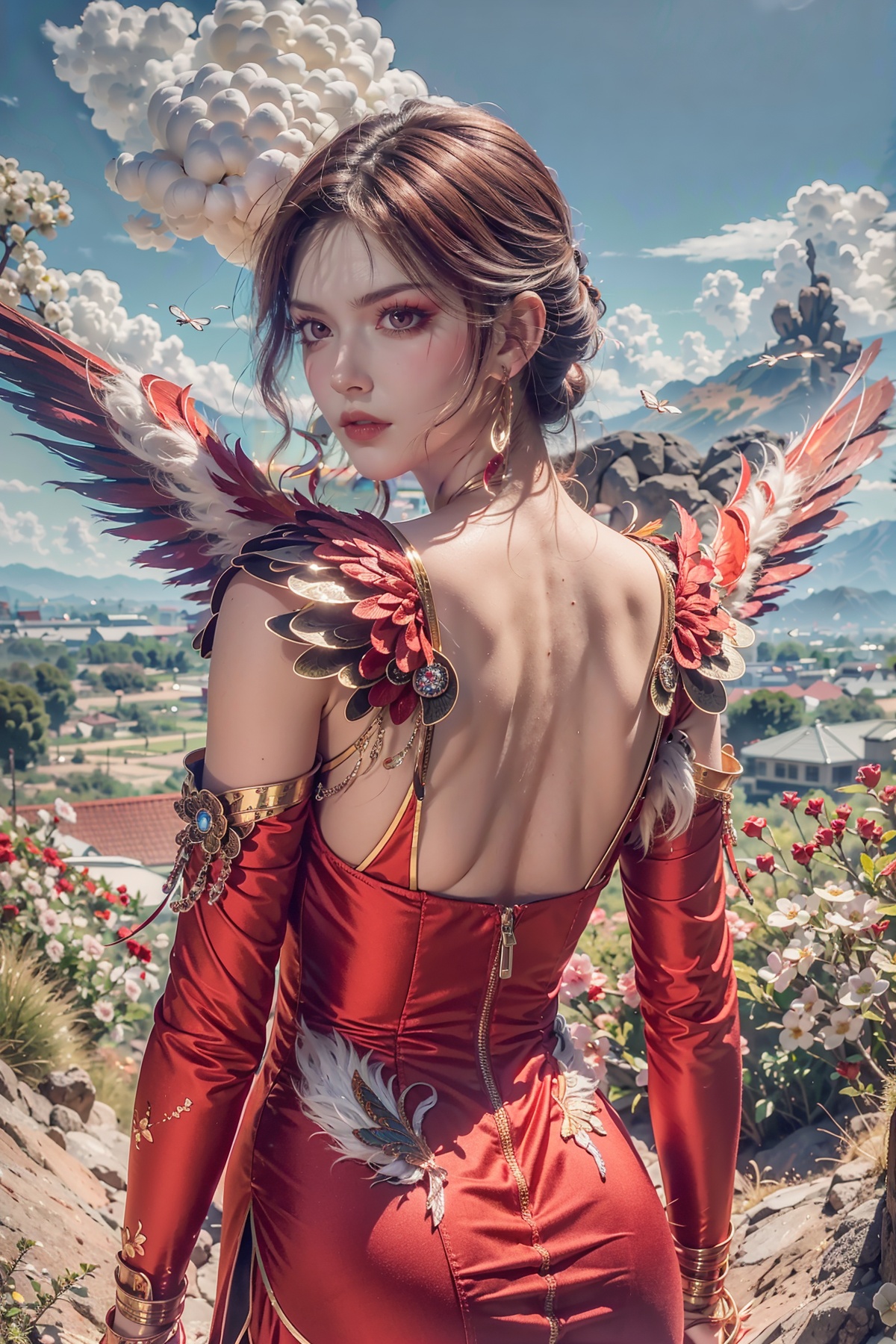 (8k, RAW photo, best quality, masterpiece:1.2),(realistic, photo-realistic:1.1),ultra-detailed,extremely detailed cg 8k wallpaper,(crystalstexture skin:1.4),(extremely delicate and beautiful), solo,,(((wings, feathered_wings,))),1girl,portrait,solo,(smile),(red eyes,glass slipper ),earrings,jewelry,closed mouth,,smile,collarbone,red lips,(white skin),outdoors,detached sleeves,perfect hand,hs,(fantastic scenery, Rainbow, Sky,cherry blossoms,flowers,butterfly,mountain,spring \(season\), ,arm behind back,((looking at viewer)), 1girl,,  flower_field, lips, (phoenix, dress, red_dress,embers, fiery_wings, feathered_wings, short hair, ),   <lora:mxt:0.5>, 