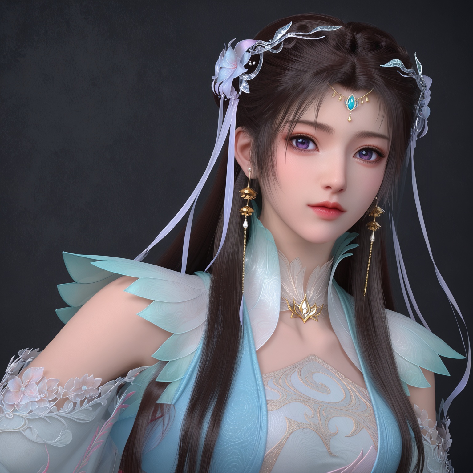 <lora:YQponyyiwenjunV4:0.8>,q1528437228,solo,1girl,long_hair,hair_ornament,jewelry,earrings,dress,black_hair,brown_hair,sash,flower,blue_dress,purple_eyes,forehead_mark,hair_flower,blue_eyes,detached_sleeves,necklace,chinese_clothes,realistic,hair_bun,long_sleeves,ribbon,boots,clothing_cutout,shoes,white_dress,wide_sleeves,double_bun,green_dress,hair_ribbon,BREAK score_9,upper_body,portrait,shiny_skin,looking at viewer,cinematic lighting,volumetric lighting,solo focus,(huge breasts:0.9),(simple background,pure black background,black background:1.1),