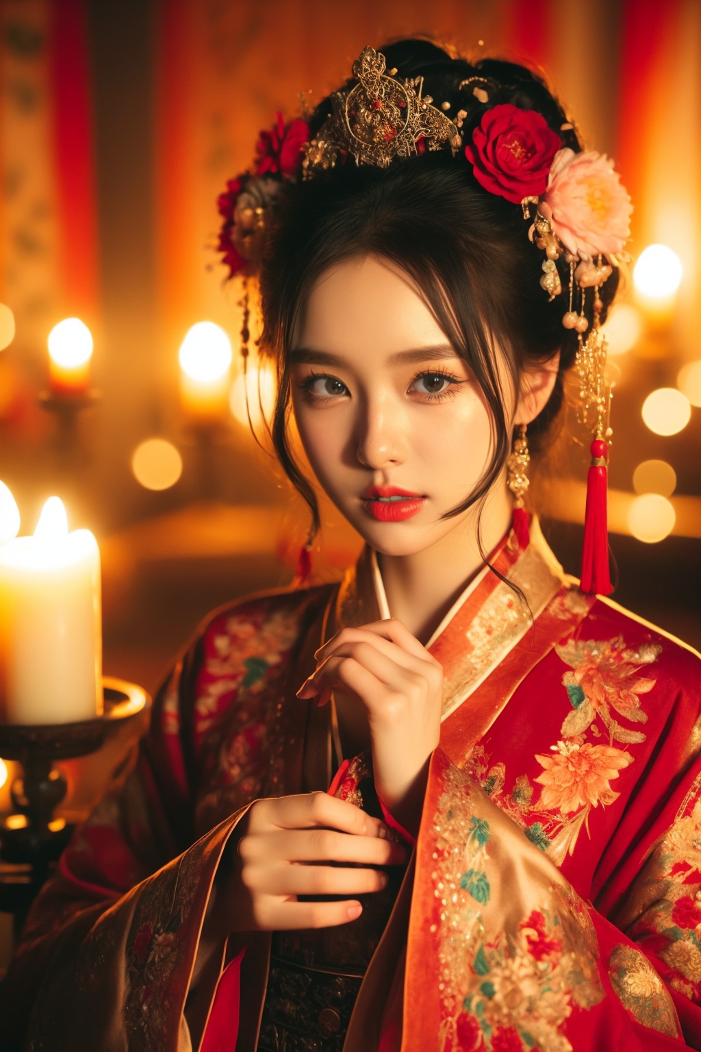 1girl, hair ornament, solo, flower, hair flower, candle, earrings, jewelry, black hair, black eyes, blurry, lips, red lips, looking at viewer, tassel, depth of field, makeup, realistic,(red_clothes:1.5),chinese clothes, floral print, cowboy shot<lora:kim_嫣月楼_v1:0.85>