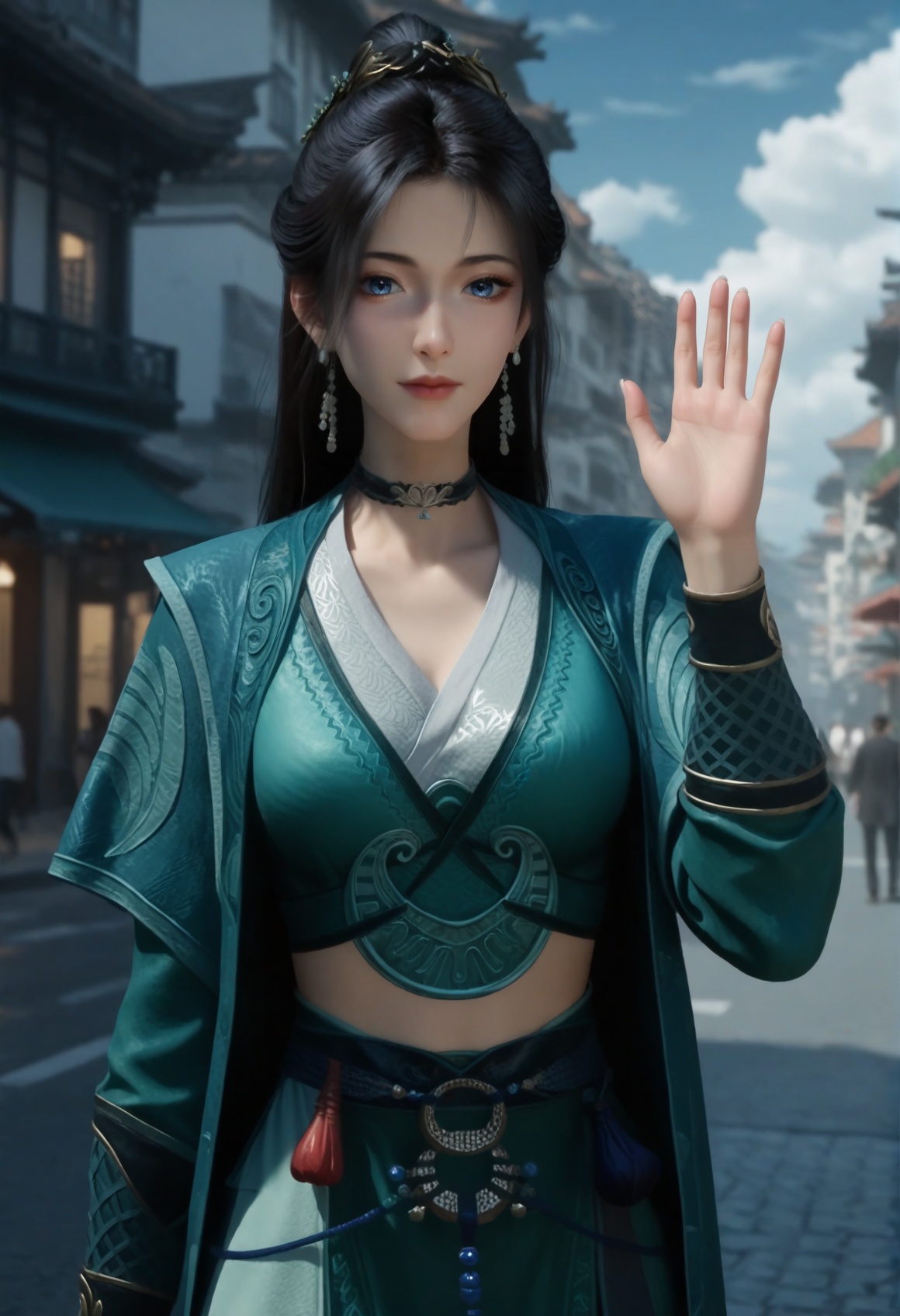 (score_9),<lora:慕配灵-Apony:0.83>,mpl,(mature_female:1.1),solo,hair ornament,long hair,black hair,ponytail,earrings,long long sleeves,robe,chinese clothes,wrist guards,long skirt,choker,black choker,<lora:perfect eyes_v1:0.8>,front view,bright pupils,blue eyes,looking at viewer,<lora:Expressive_H-000001:0.8>,(waving),(glamor:1.2),(collarbone),pointy breasts,puffy breasts,large breasts,narrow waist,curvy,street,blue sky,blur background,building,city,cloud,cloudy sky,day,depth of field,(white_skin:1.1),(fair_skin:1.1),