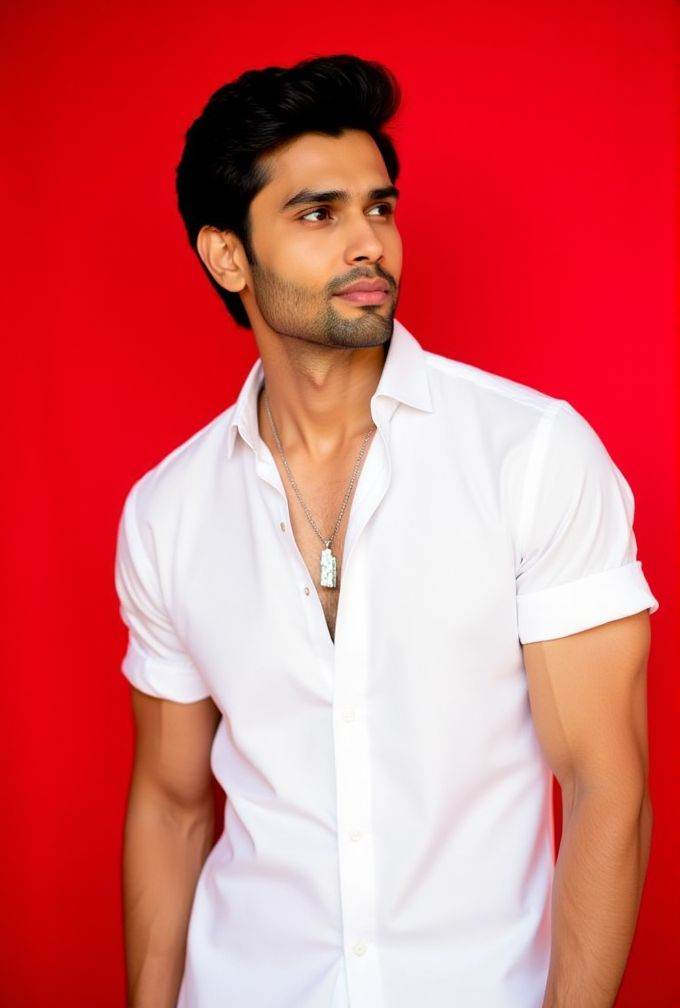 Rohit Khandelwal ,  The image is a high-resolution photograph,  standing against a solid red background. wavy hair styled...