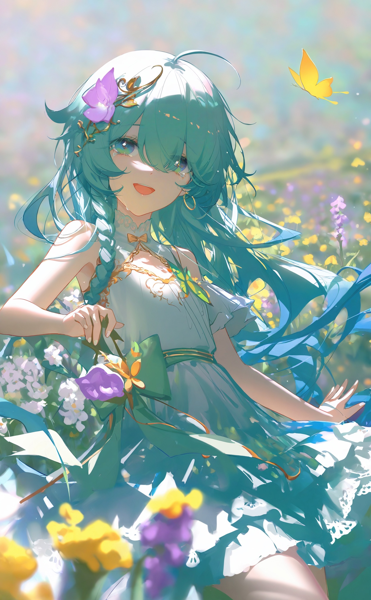 masterpiece,highres,absurdres,newest,best quality,high quality,loli,petite,chromatic_aberration,//,,illustration,ultra detailed,hdr,Depth of field,(colorful),loli,[Artist:wlop],[[Artist:sheya]],Artist:ask \(askzy\),1girl,flower,solo,long hair,open mouth,water,dress,tears,yellow flower,crying,blue eyes,multicolored hair,smile,looking at viewer,ahoge,white dress,crying with eyes open,sleeveless,outdoors,aqua hair,hair ornament,blue hair,sleeveless dress,white flower,:d,frillswing sleeves,golden embroidery,green butterfly,braided hair,silver hair,orchid,blue-green dress,lace details,green eyes,hair vine,bow,silver nails,waist sash,bowtie,arm extended,sparkling nail polish,white lace,medium build,hair draping over eyes,spiral hair ornament,white bow,dress with cutouts,layered skirt,very long hair,purple orchid,sleeveless,fairy,:D,//,<lora:konya_karasue2——【noob】hans:0.8>,
