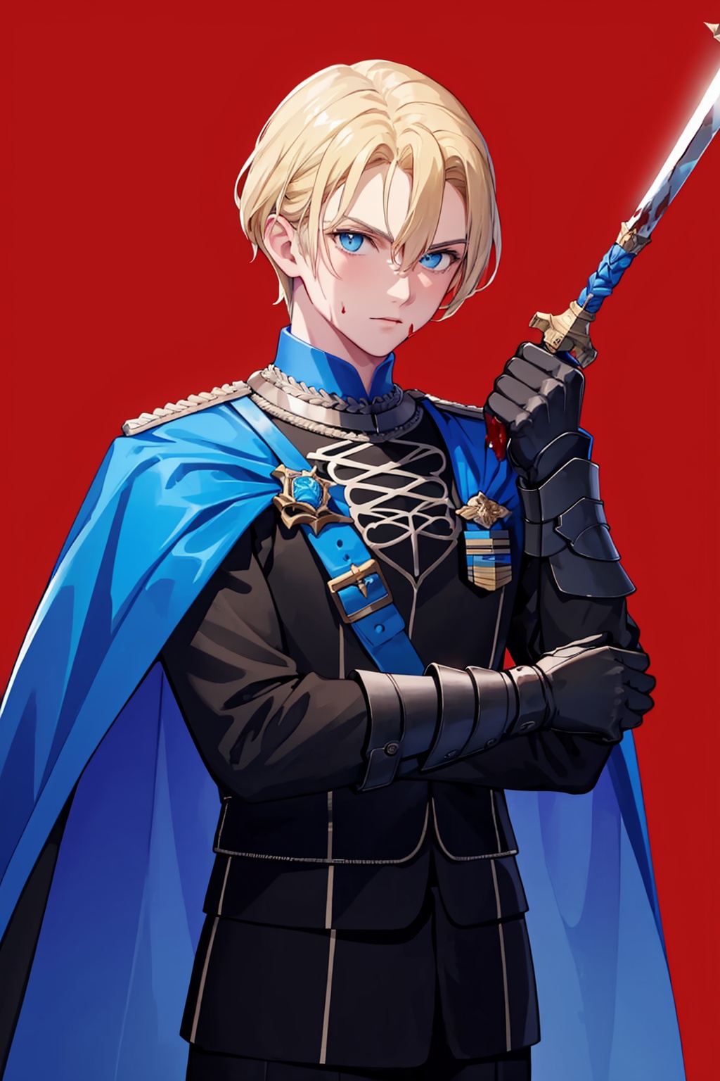 masterpiece,best quality, highly detailed, dimitri alexandre blaiddyd,1boy, male focus, solo, armor, red background, gauntlets, blue cape, garreg mach monastery uniform, simple background, holding weapon, blood on face, sword, spear, upper body, looking at viewer,<lora:dimitri_alexandre_blaiddyd:1>