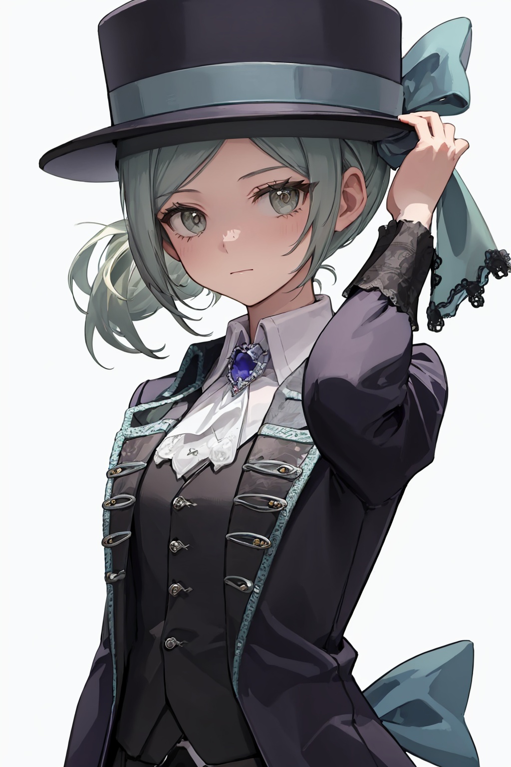 masterpiece,best quality, highly detailed, vertin (reverse1999),long sleeves,solo,black headwear,1girl,looking at viewer,brooch,closed mouth<lora:vertin_(reverse1999):1>,simple background,white background