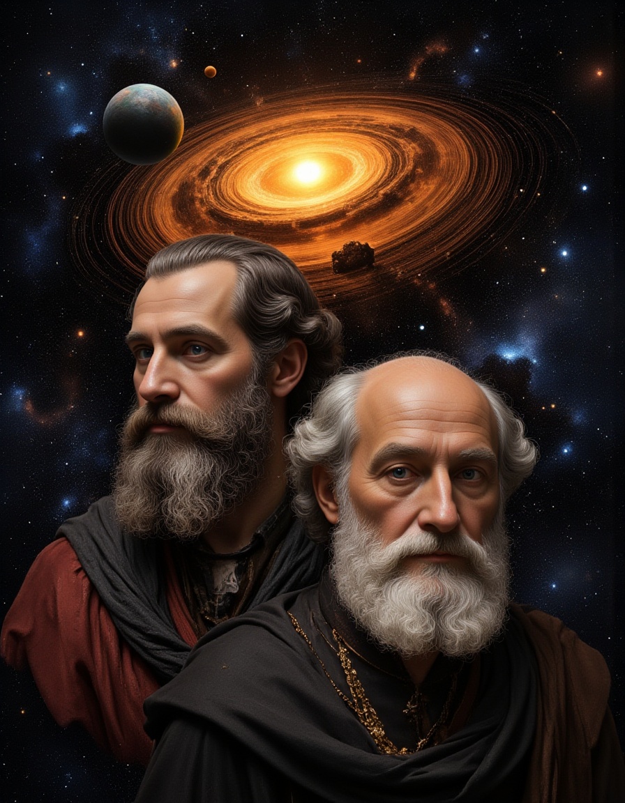 F1AlistdBolatu,A cosmic portrait of two historical figures,set against a backdrop that merges classical art with modern astronomy.,<lora:FLUX.阿里斯多德＆柏拉图F1AlistdBolatu:1.1>,