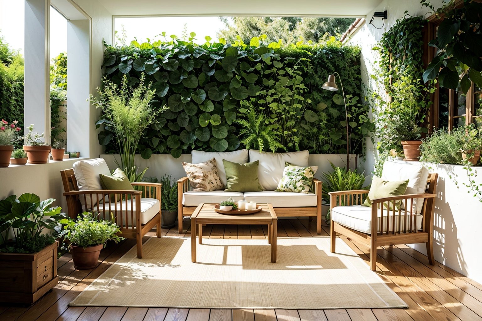 Garden, courtyard, warm, courtyard design, green plants, leisure chair, sun room, vegetable plot, plant wall