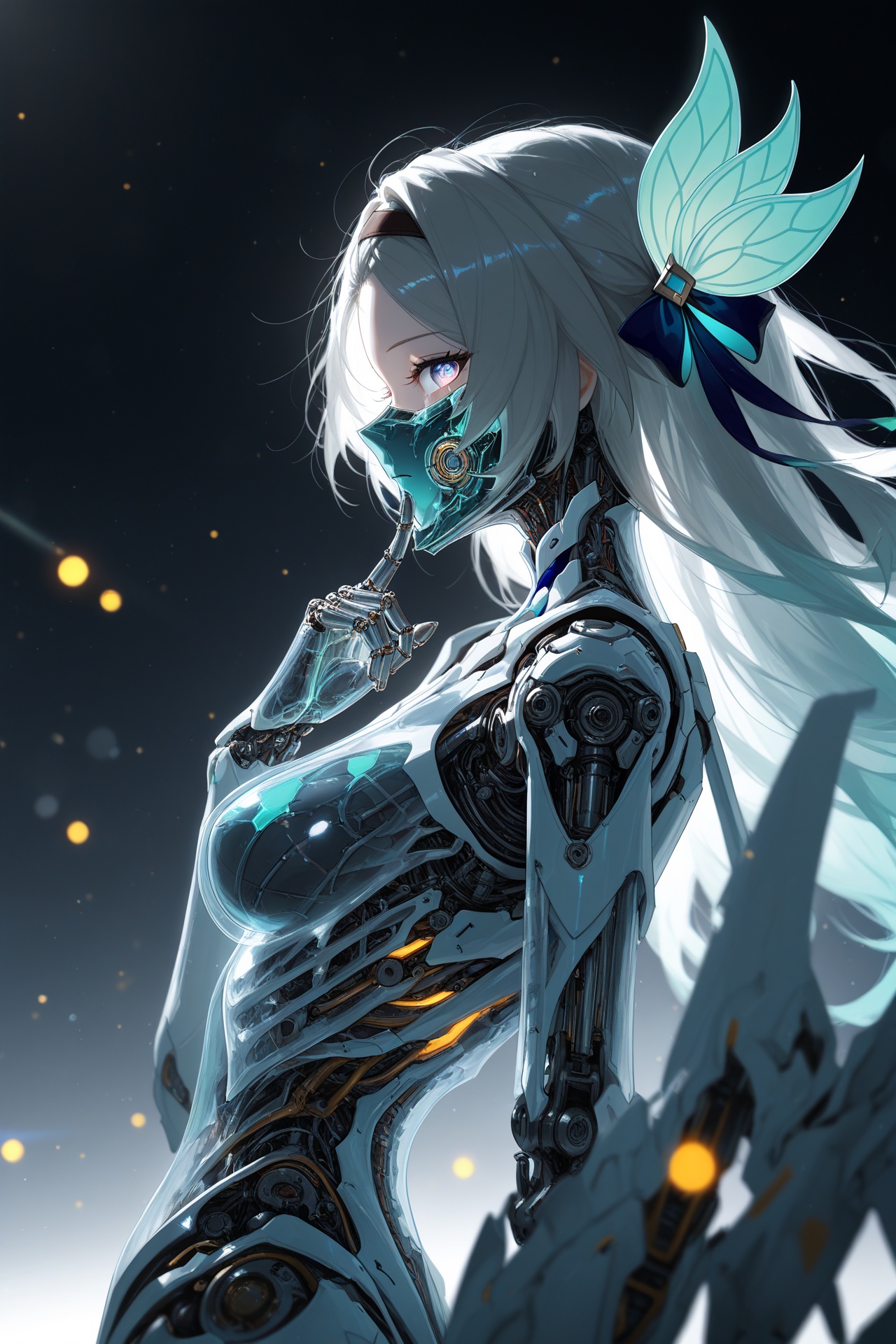 firefly\(honkai: star rail\),masterpiece,best quality,amazing quality,very aesthetic,absurdres,newest,extreme aesthetic,in the style of fashion photography,light particles,cinematic lighting,Visual impact,sharp focus,Emotionalization,depth of field,dutch angle,scenery,1girl,solo,long hair,closed mouth,medium breasts,armor,eyelashes,profile,mask,forehead,science fiction,mouth mask,sideways glance,android,hair slicked back,cyborg,robot joints,mechanical parts,cyberpunk,looking at viewer,upper body,from side,simple background,white background,translucent skin,mechanical structure,finger to mouth,