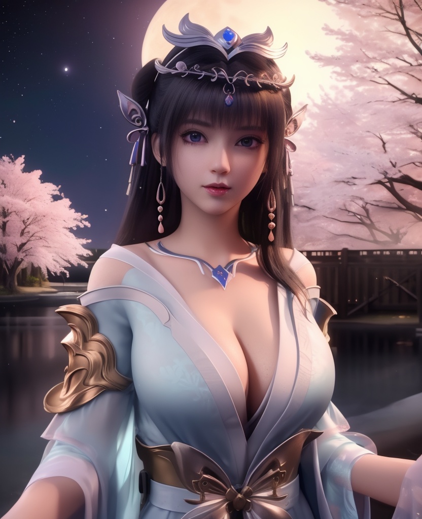 <lora:568-DA-星辰变-姜妍:0.8>(,1girl, ,best quality, ),looking at viewer,masterpiece,(( , )),, realistic,science fiction,mole,,ultra realistic 8k cg,     ,cherry blossoms,,night, night sky, crescent moon, moonlight,,(facing viewer, looking at viewer, , ),  (cleavage), (),