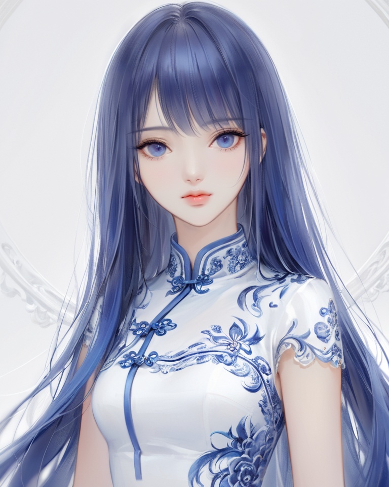(best quality), ((masterpiece)), (highres), illustration, original, extremely detailed,<lora:DDCXL:0.7>1girl, solo, long hair, expressionless, looking at viewer, chinese clothes, blue eyes, dress, blue hair, closed mouth, white background, upper body, white dress