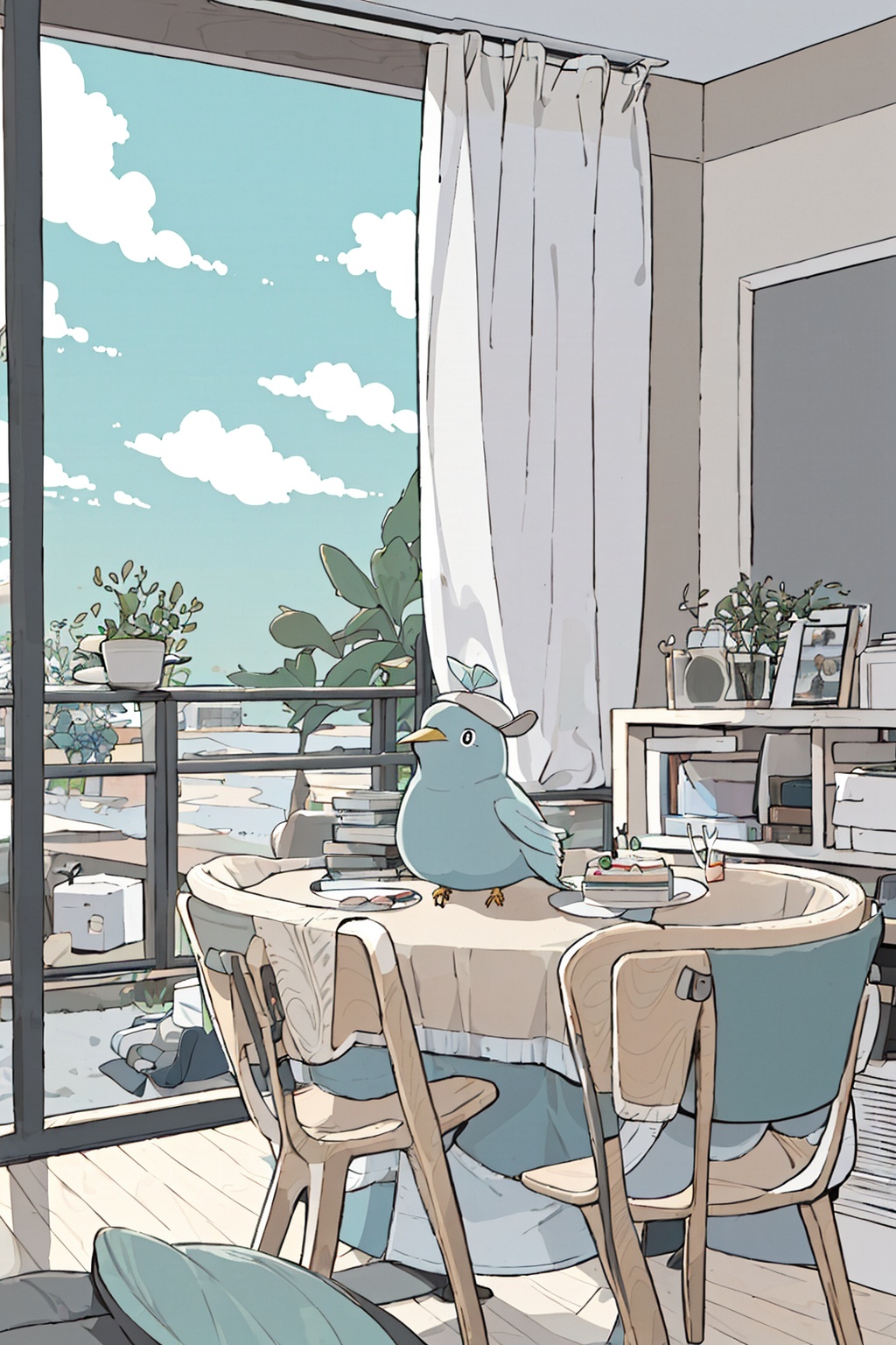 bangs,bed,bird on head,book,bright pupils,cake,chair,cloud,curtains,day,grey hair,hands in pockets,hat,indoors,kp,long sleeves,motor vehicle,muted color,no humans,open mouth,plant,solo,table,twintails,<lora:kp_ins风格V1:0.8>,kp,