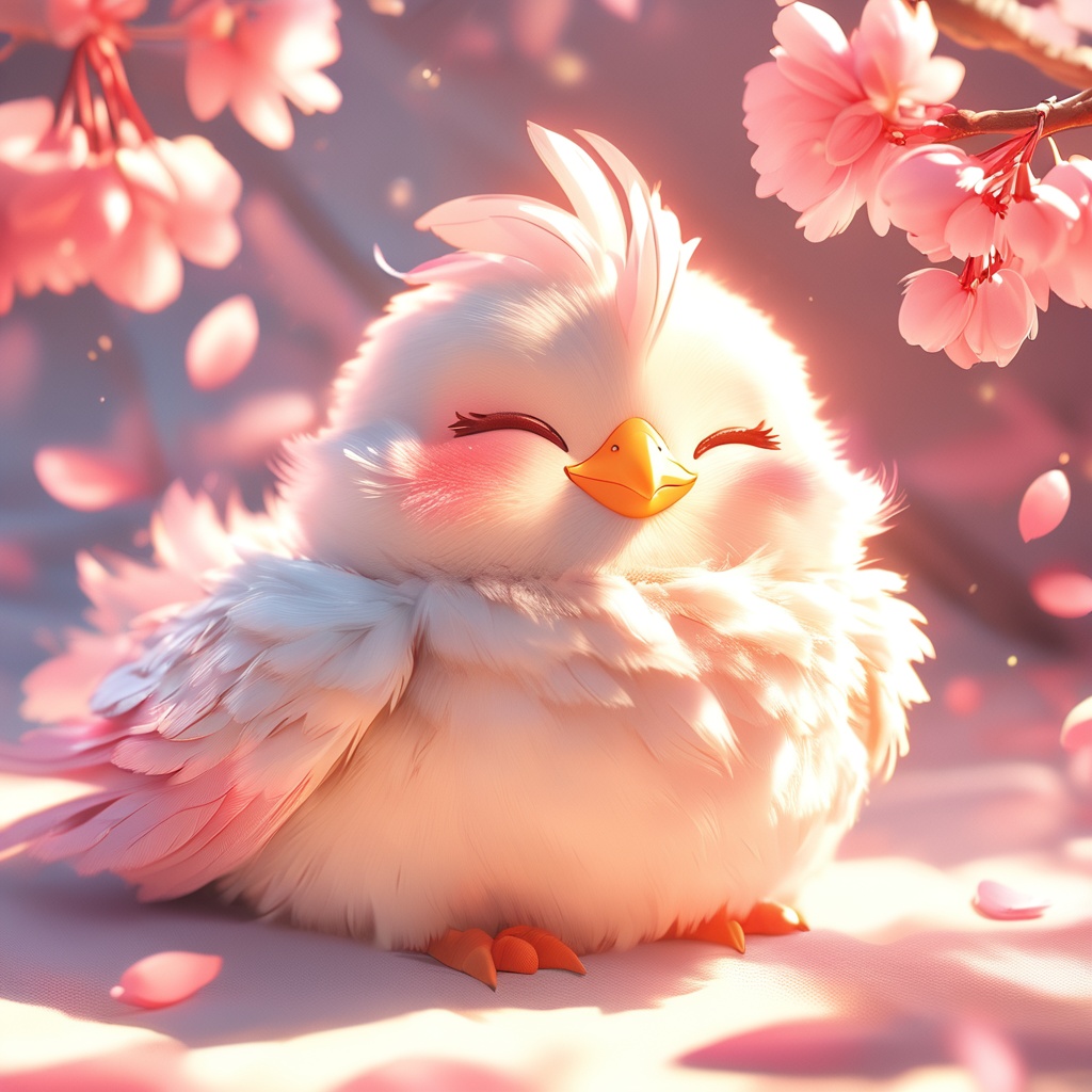 youji, chicken, fluffy, sunlight, light particles, ^ ^, whiskers, cute, cc-color-correction, mf-movie-filter, warm colors, whimsy and dramatic lighting, white fur, soft lighting, chicken focus, no humans, closed eyes, petals, bird, blush, blurry, blurry background, cherry blossoms, pokemon \(creature\), full body, closed mouth, feathers, sitting, depth of field<lora:youji_xl:0.8>,